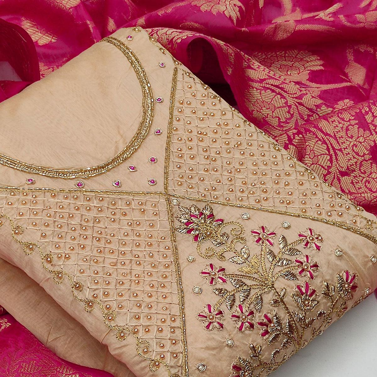 Refreshing Beige Colored Festive Wear Embroidered Modal Chanderi Dress Material - Peachmode