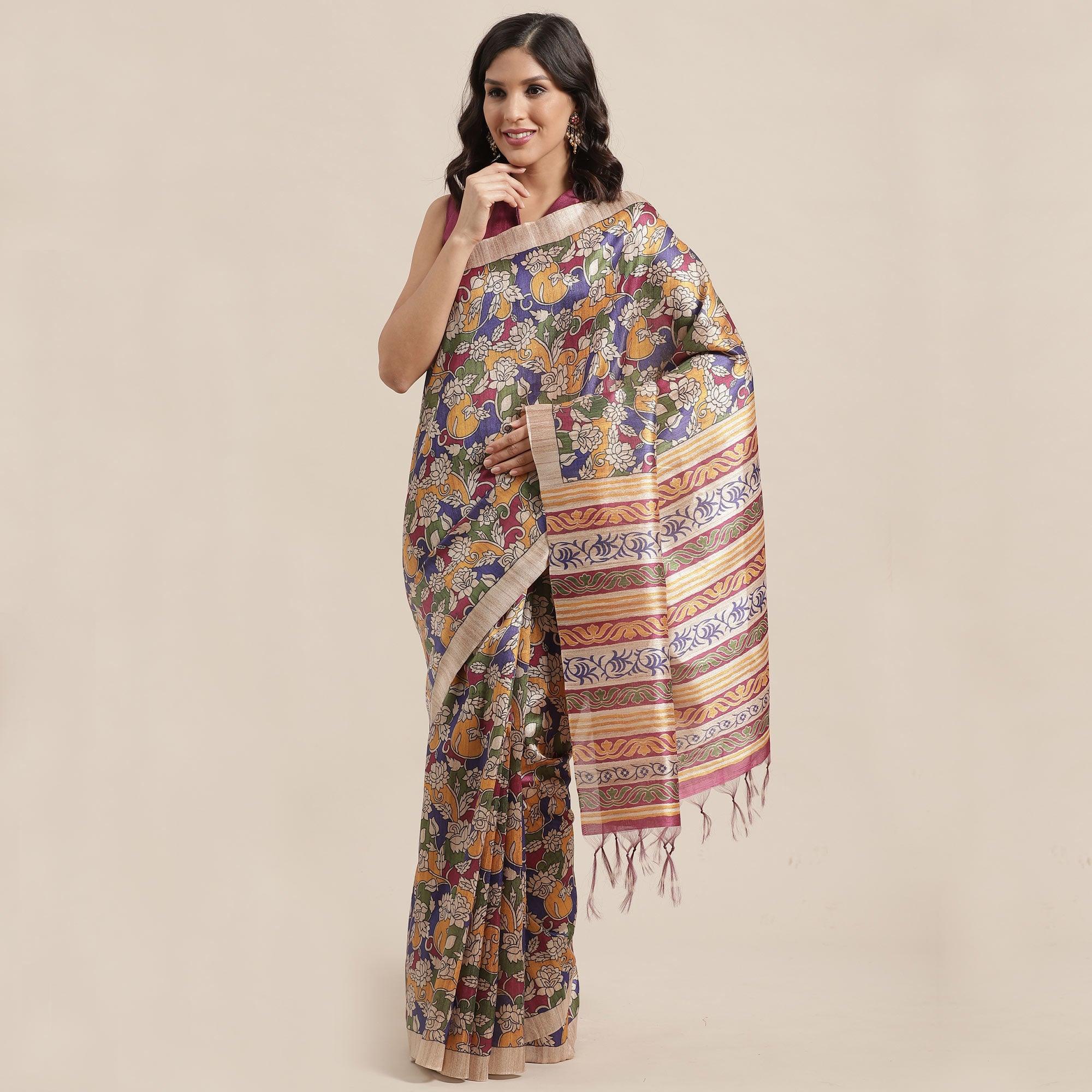 Refreshing Beige-Multi Colored Casual Wear Floral Printed Silk Blend Saree With Tassels - Peachmode