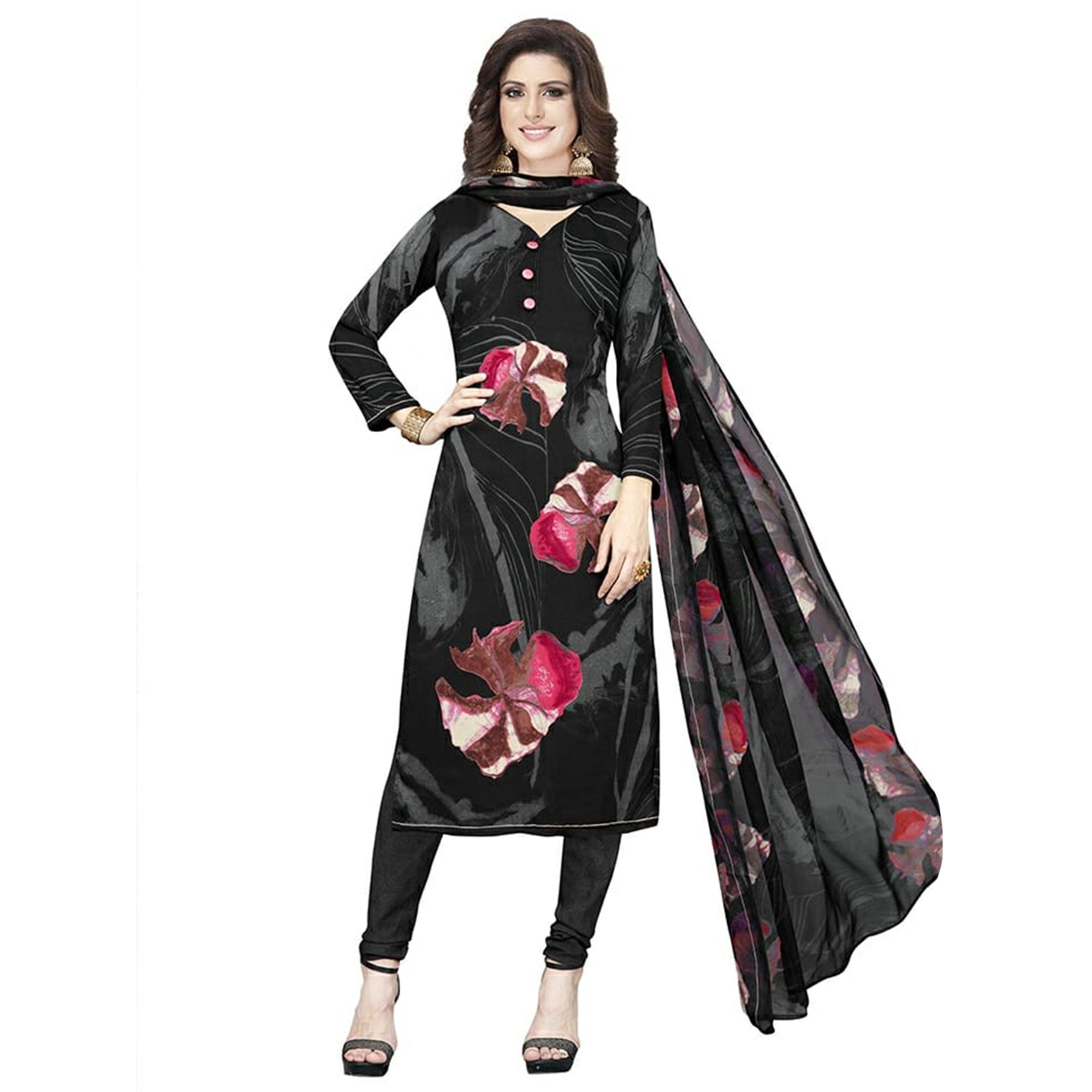 Refreshing Black Colored Casual Printed Crepe Dress Material - Peachmode
