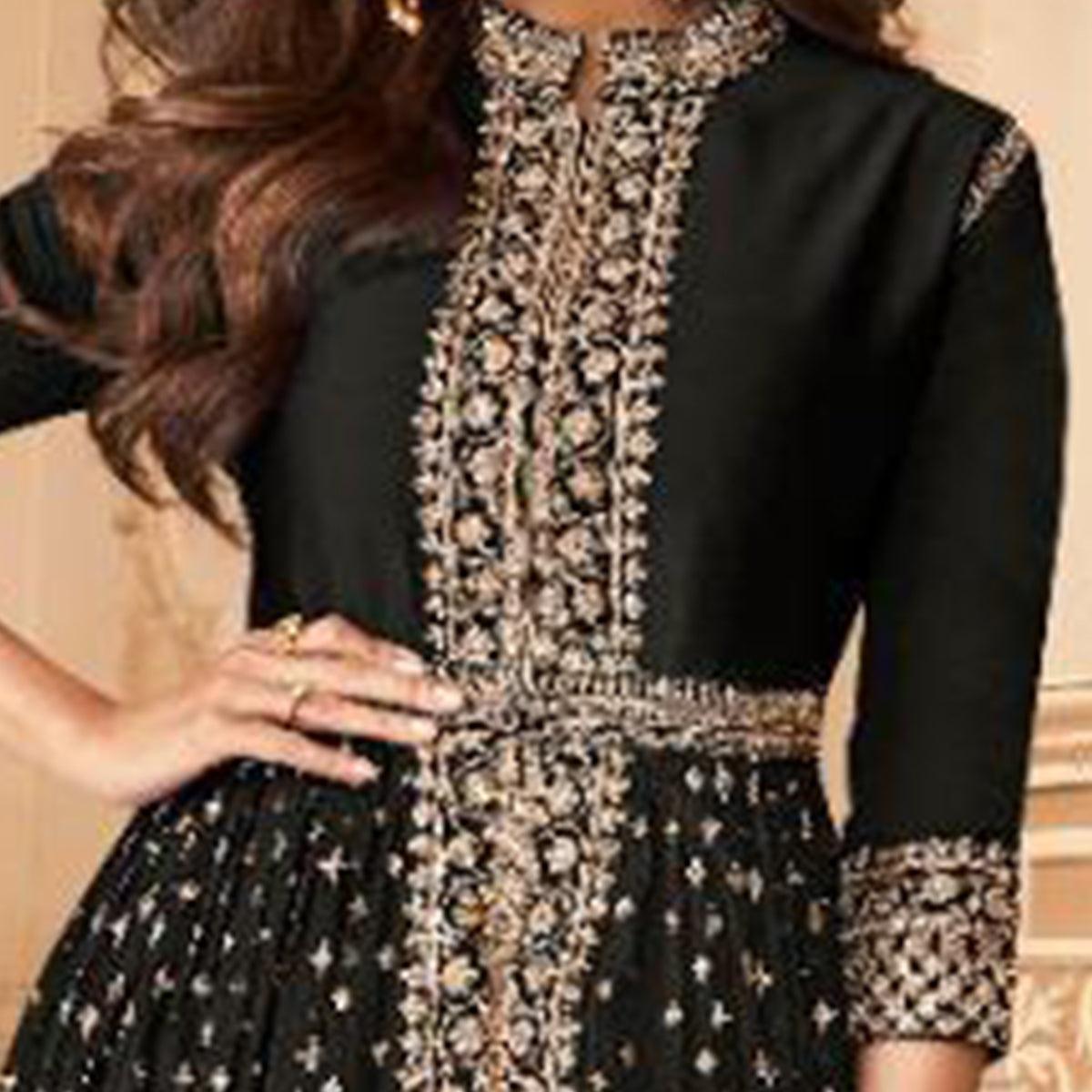 Refreshing Black Colored Partywear Embroidered Faux Georgette Abaya Style anarkali  Suit - Peachmode