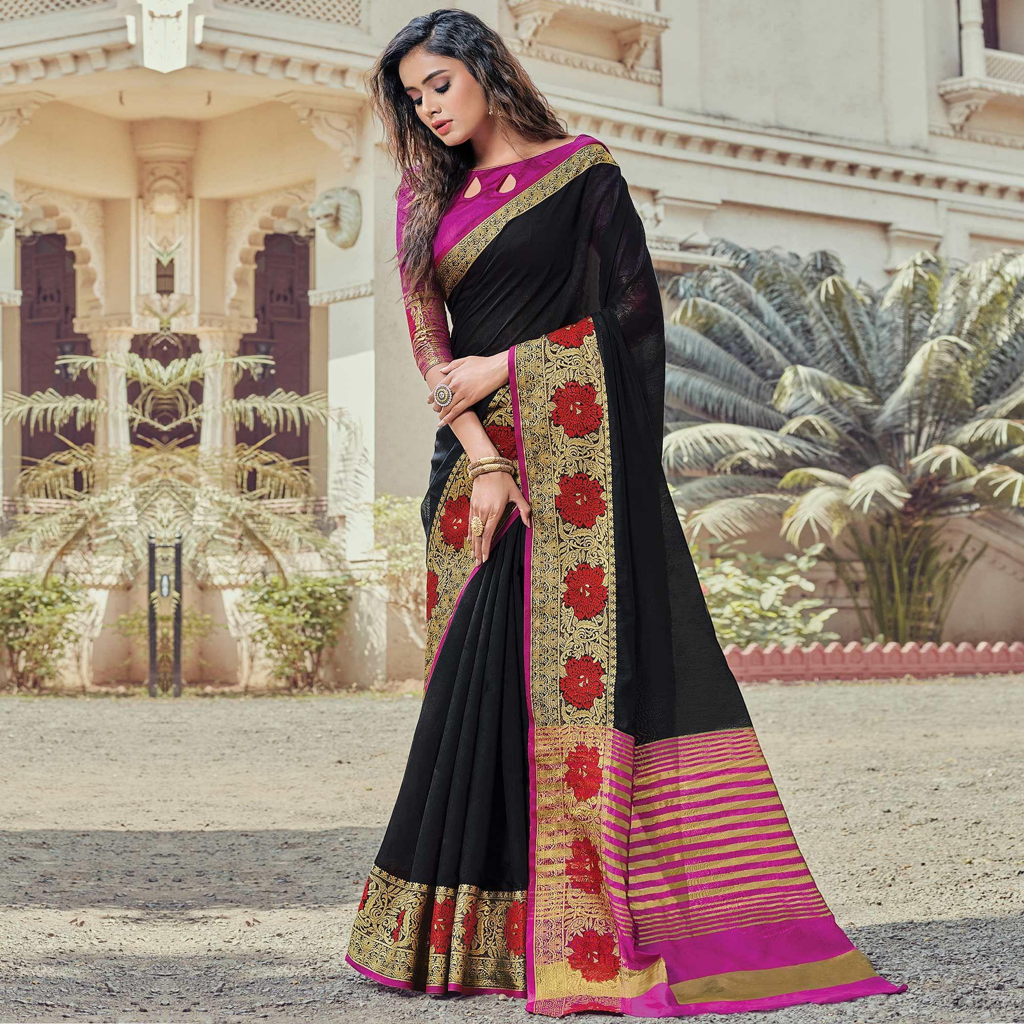 Refreshing Black Coloured Casual Wear Woven Cotton Handloom Saree - Peachmode