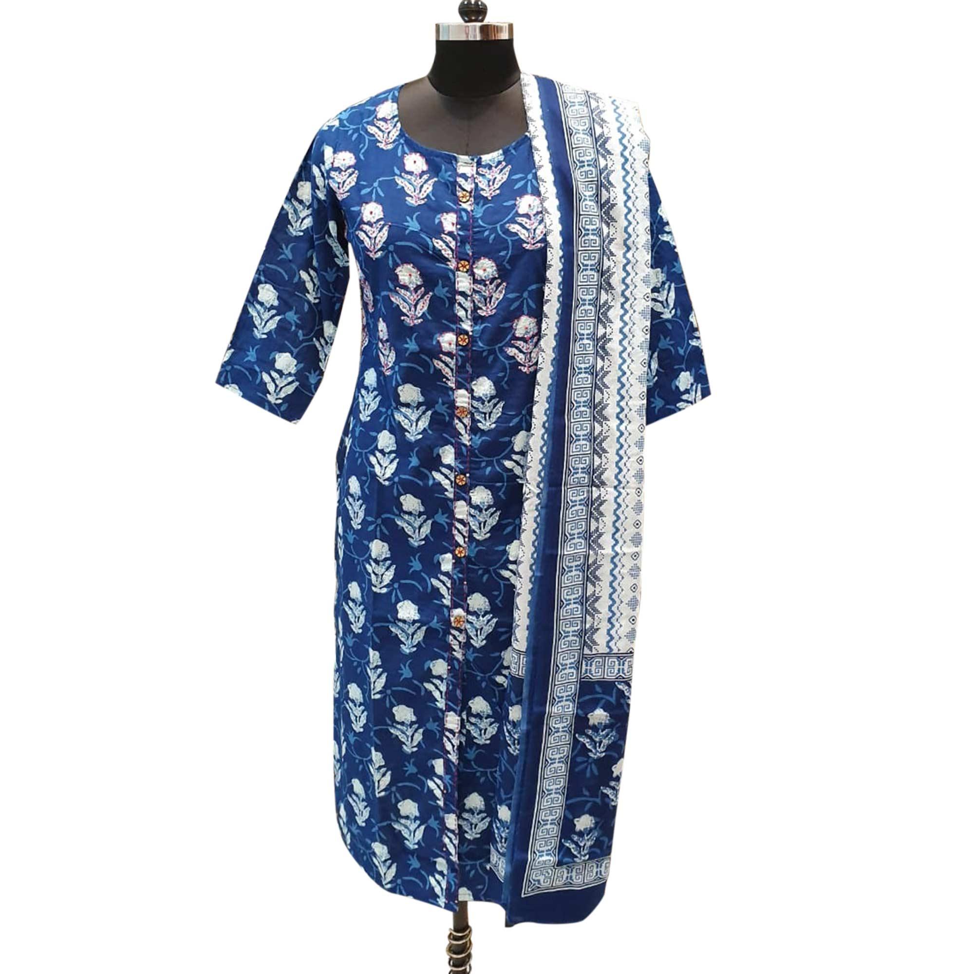 Refreshing Blue Colored Casual Printed Cotton Kurti With Dupatta - Peachmode
