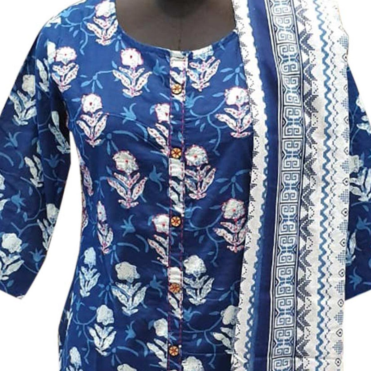 Refreshing Blue Colored Casual Printed Cotton Kurti With Dupatta - Peachmode