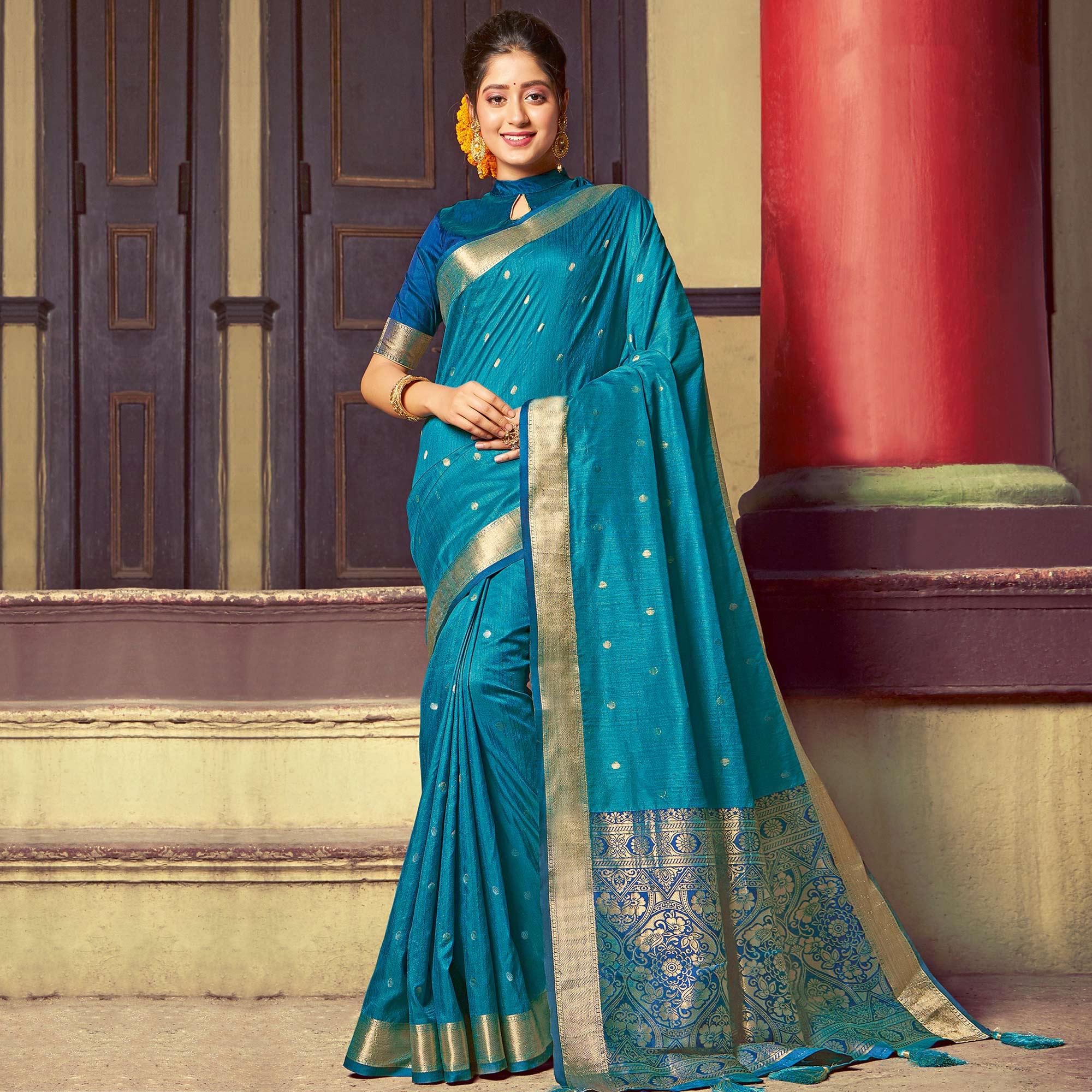 Refreshing Blue Colored Festive Wear Woven Handloom Silk Saree With Tassels - Peachmode