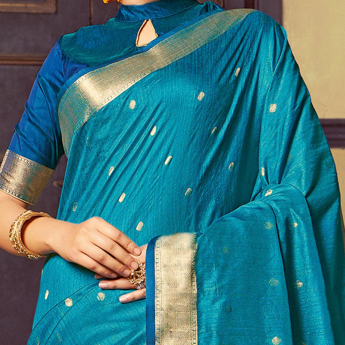 Refreshing Blue Colored Festive Wear Woven Handloom Silk Saree With Tassels - Peachmode