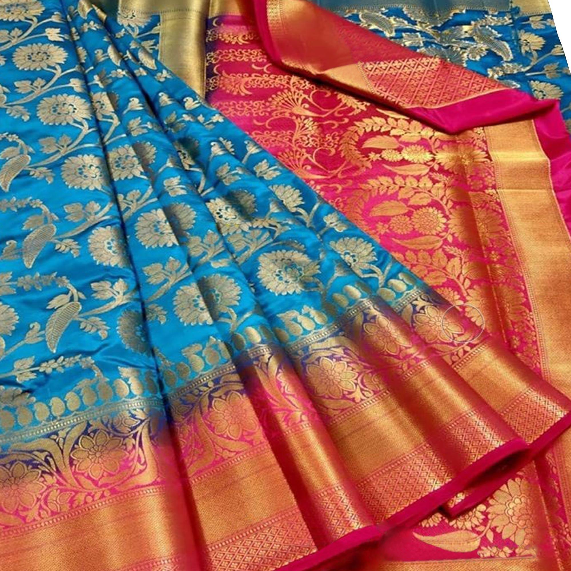 Refreshing Blue Colored Festive Wear Woven Silk Blend Saree - Peachmode
