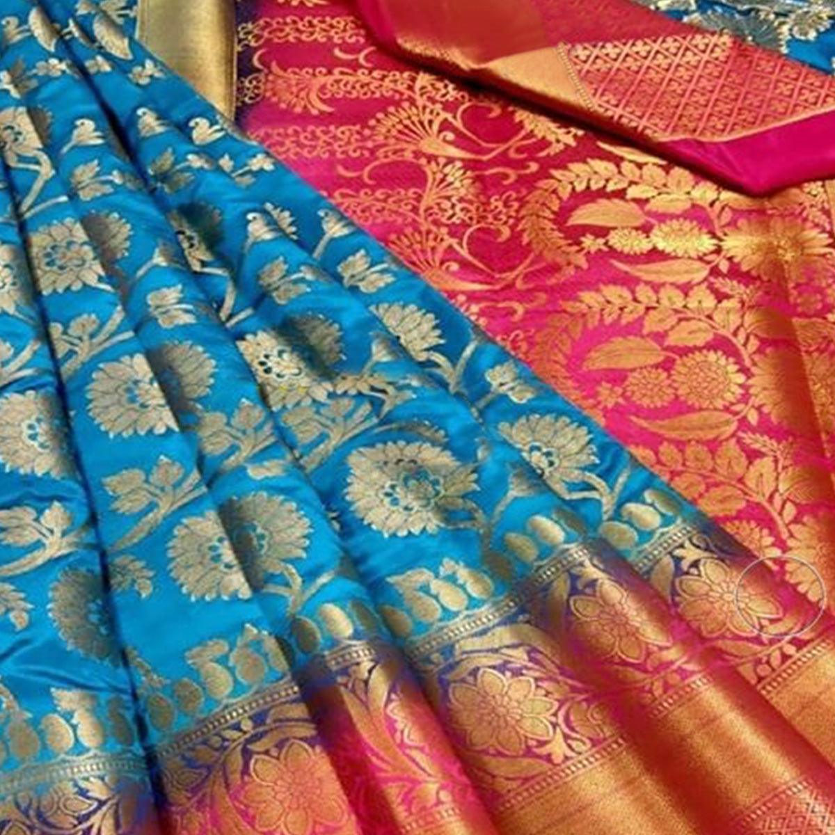 Refreshing Blue Colored Festive Wear Woven Silk Blend Saree - Peachmode