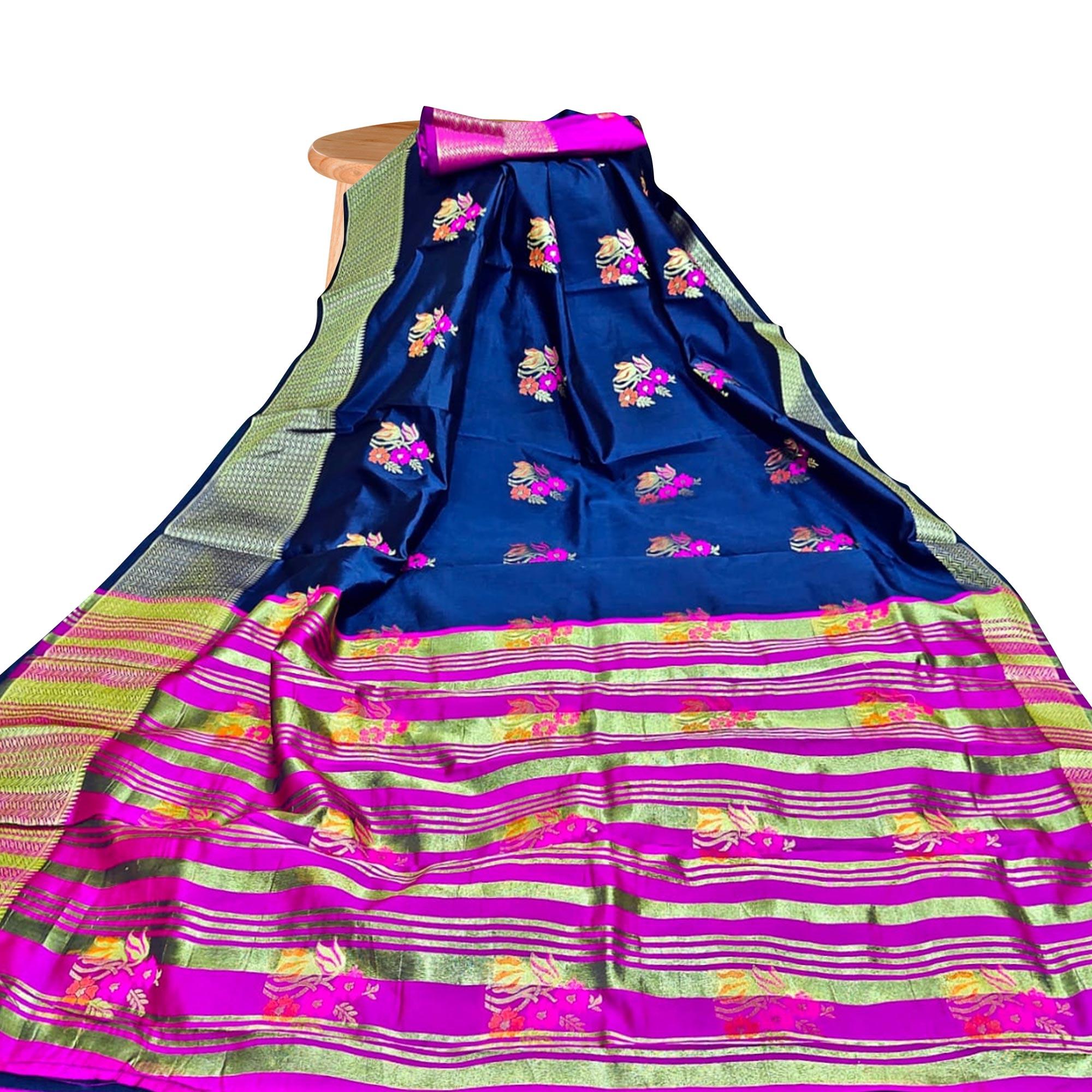 Refreshing Blue Colored Festive Wear Woven Silk Saree - Peachmode