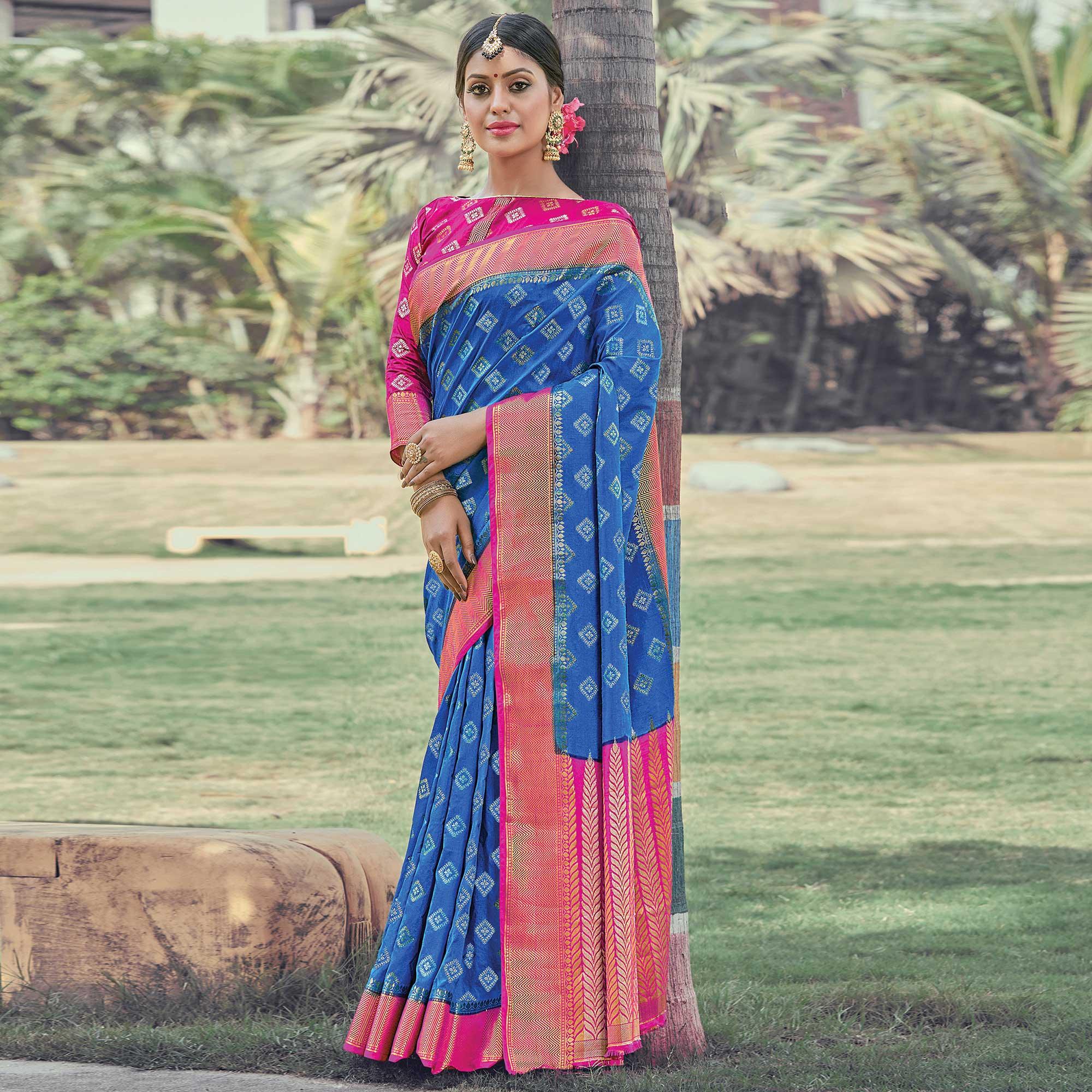 Refreshing Blue Colored Festive Wear Woven Silk Saree - Peachmode