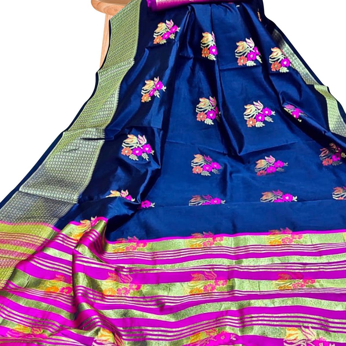 Refreshing Blue Colored Festive Wear Woven Silk Saree - Peachmode