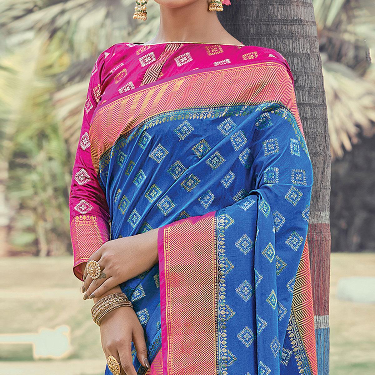 Refreshing Blue Colored Festive Wear Woven Silk Saree - Peachmode