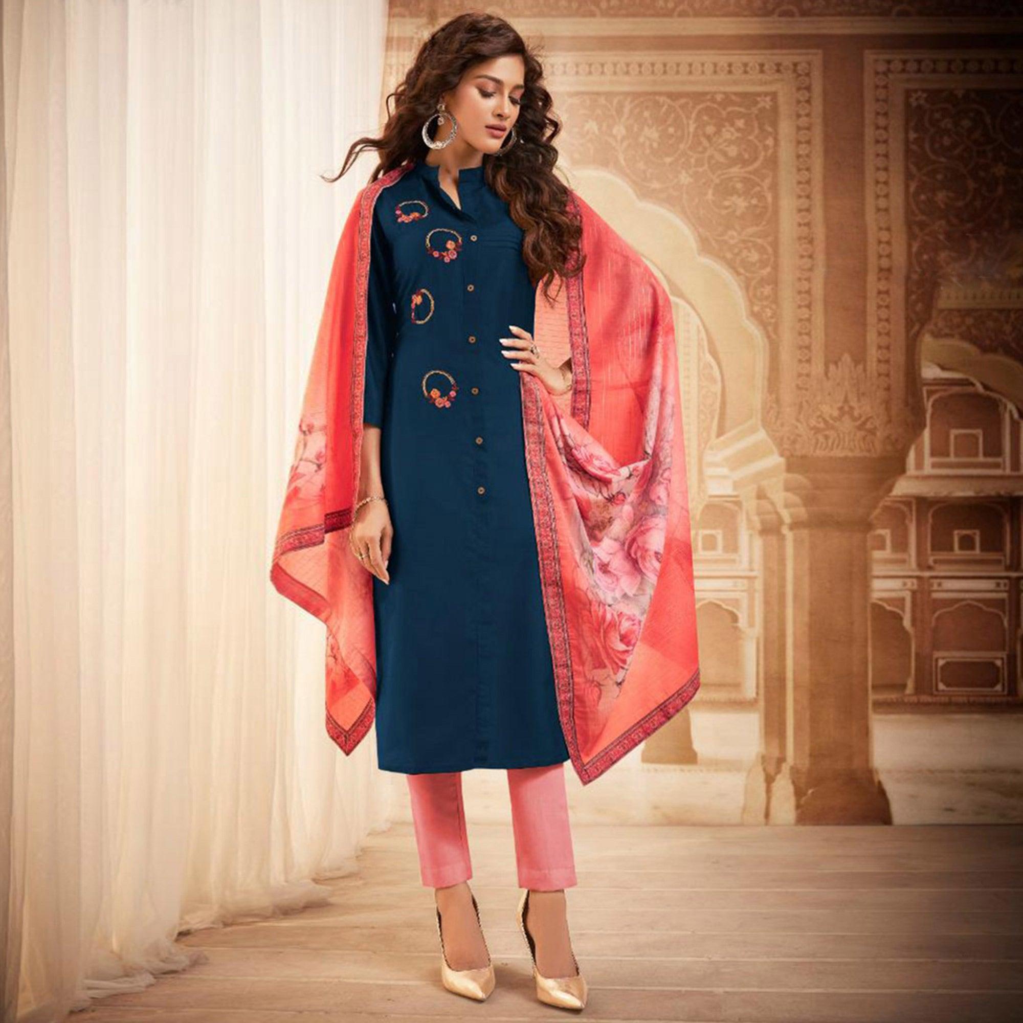 Refreshing Blue Colored Partywear Embroidered Heavy Muslin Salwar Suit - Peachmode