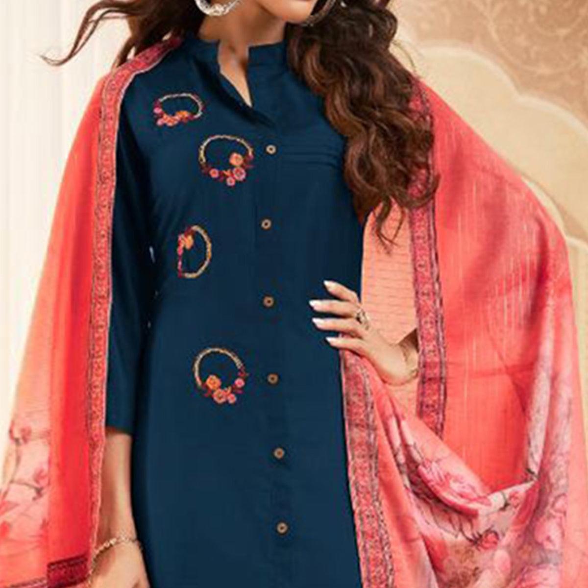 Refreshing Blue Colored Partywear Embroidered Heavy Muslin Salwar Suit - Peachmode