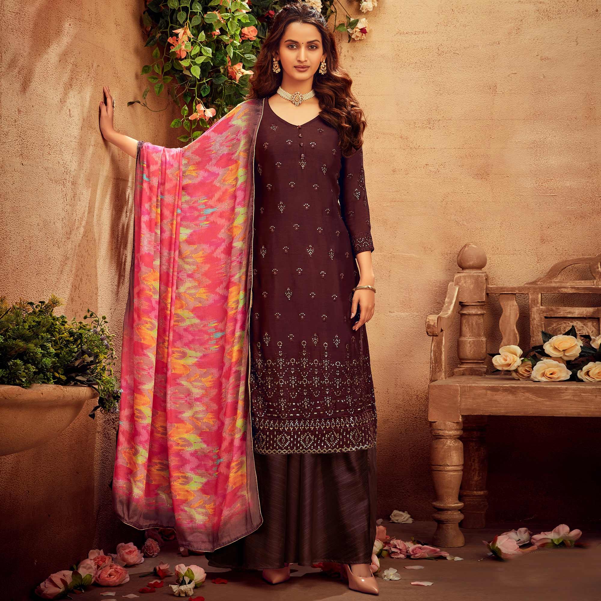 Refreshing Brown Coloured Embroidered Partywear Pure Viscose Chiffon Palazzo Suit - Peachmode