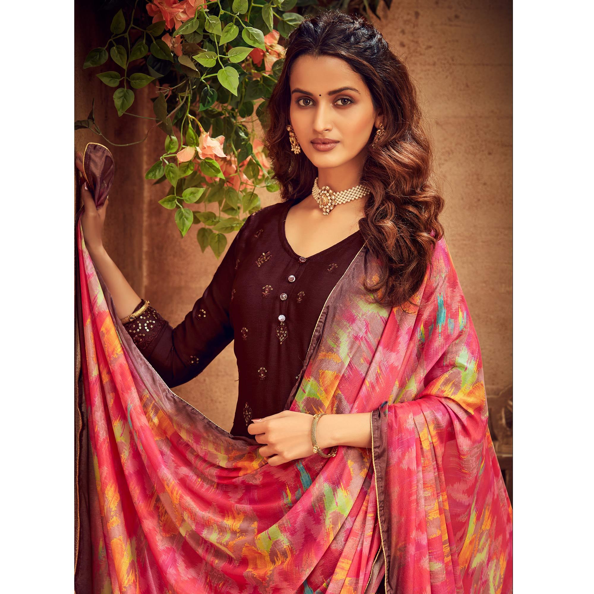 Refreshing Brown Coloured Embroidered Partywear Pure Viscose Chiffon Palazzo Suit - Peachmode