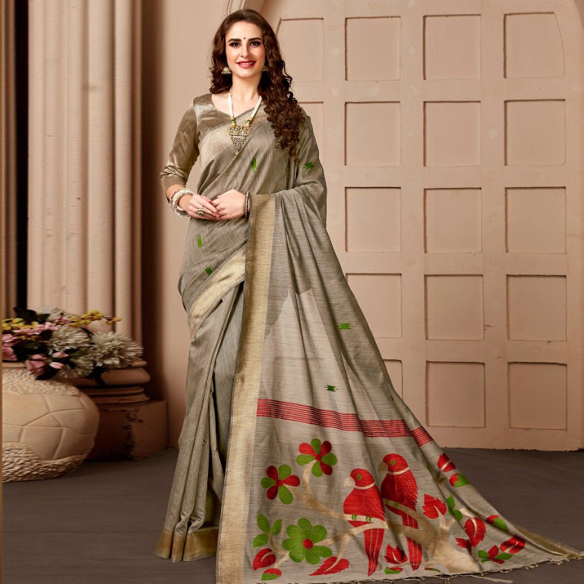 Refreshing Chiku-Red Colored Festive Wear Woven Art Silk Saree - Peachmode