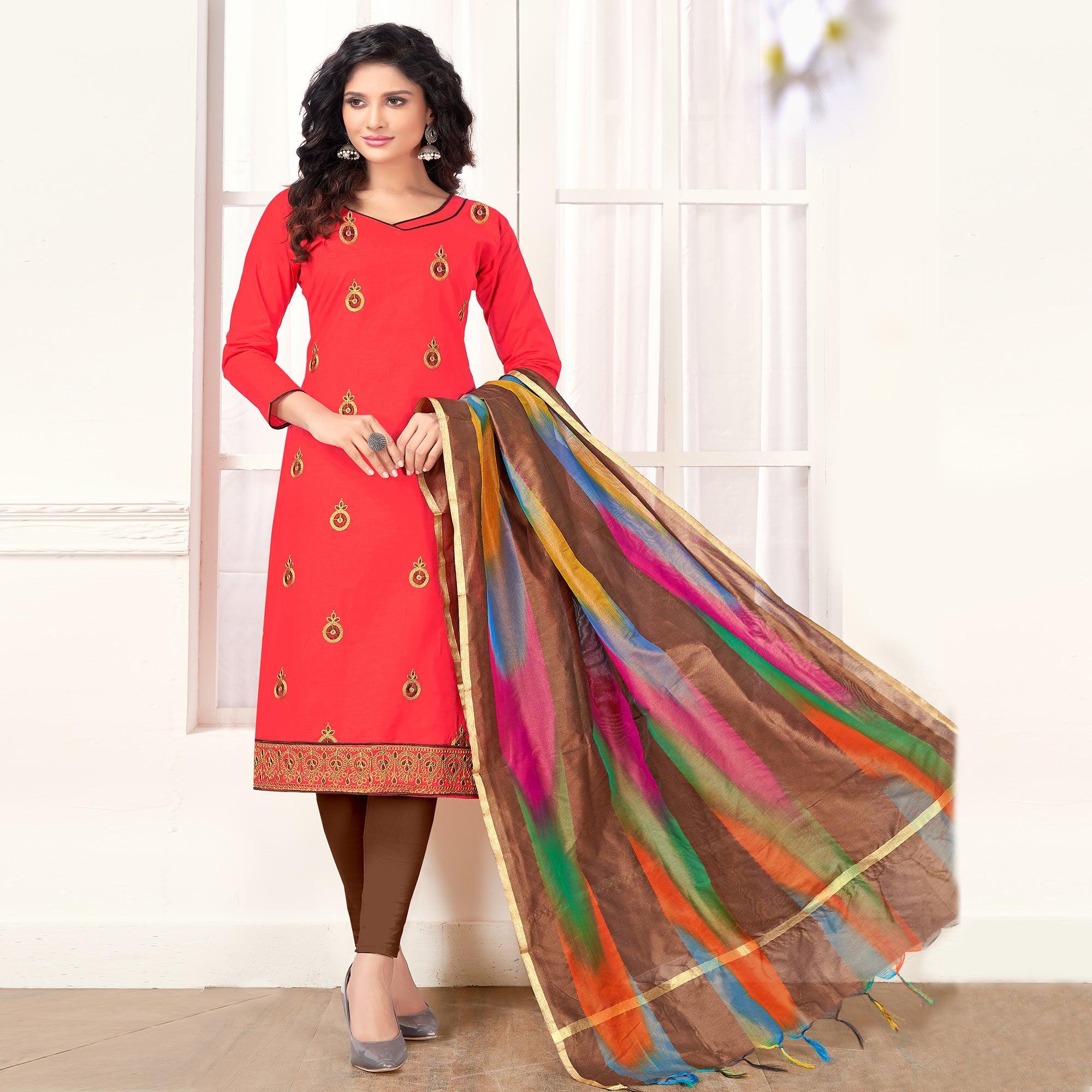 Refreshing Coral Red Colored Casual Wear Embroidered Salwar Suit - Peachmode