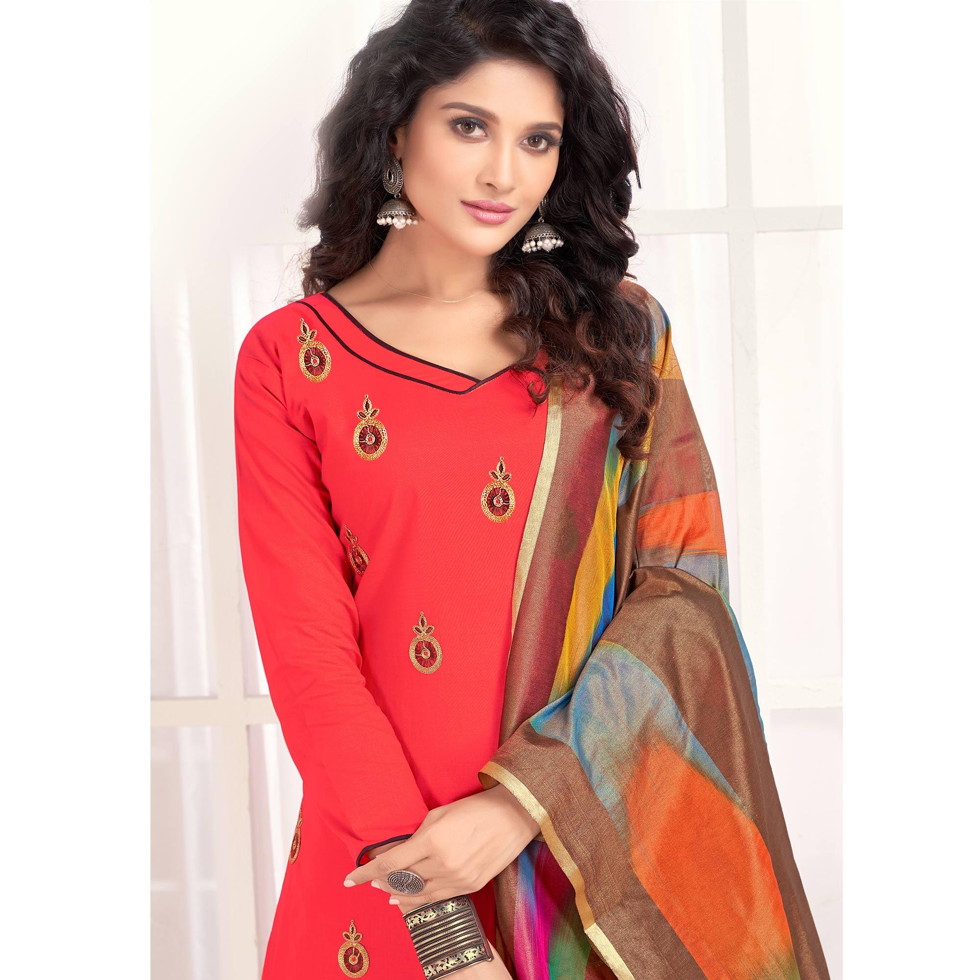 Refreshing Coral Red Colored Casual Wear Embroidered Salwar Suit - Peachmode