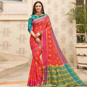 Refreshing Coral Red Colored Festive Wear Woven Cotton Handloom Saree - Peachmode