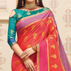 Refreshing Coral Red Colored Festive Wear Woven Cotton Handloom Saree - Peachmode