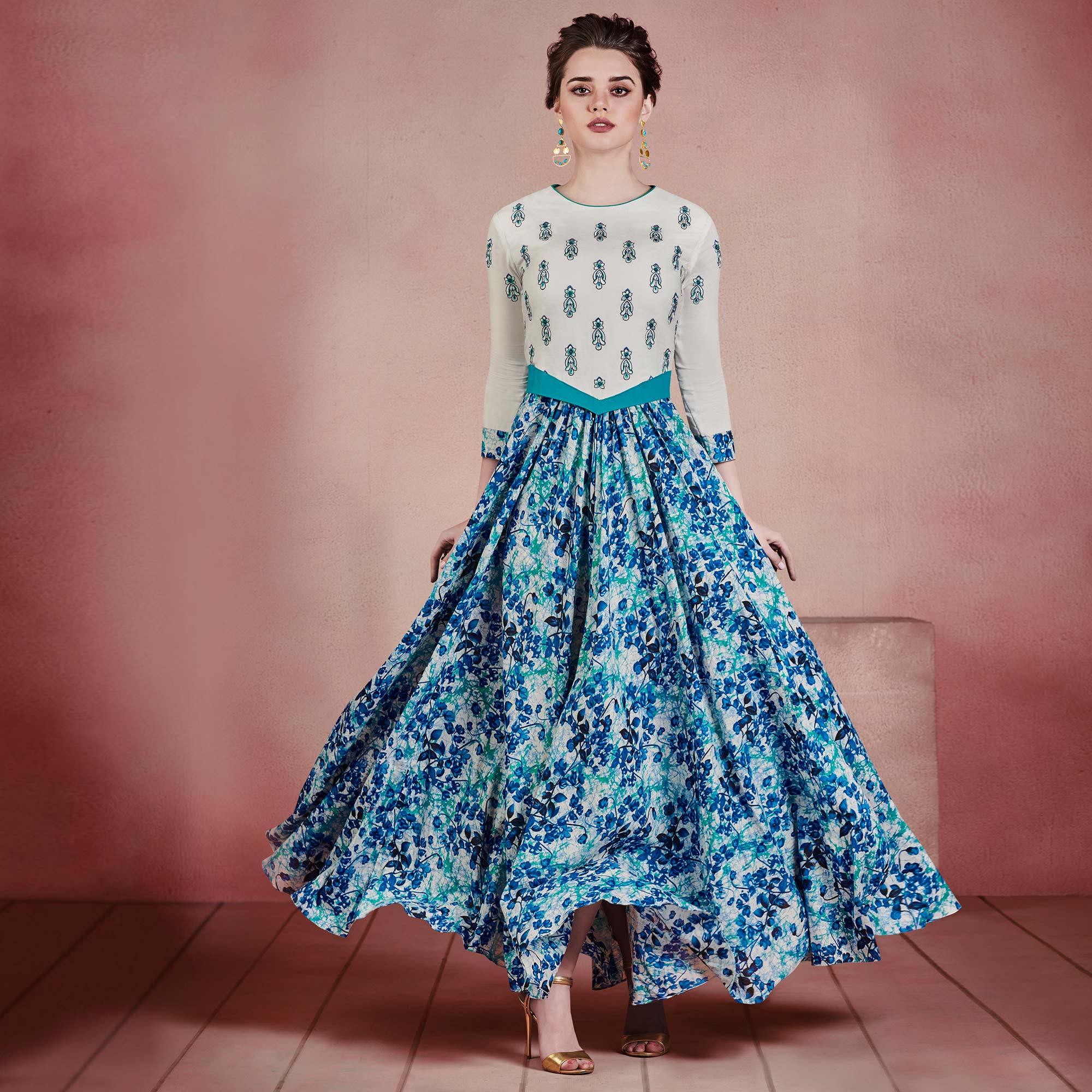 Refreshing Cream-Blue Colored Designer Embroidered Party Wear Rayon Kurti - Peachmode