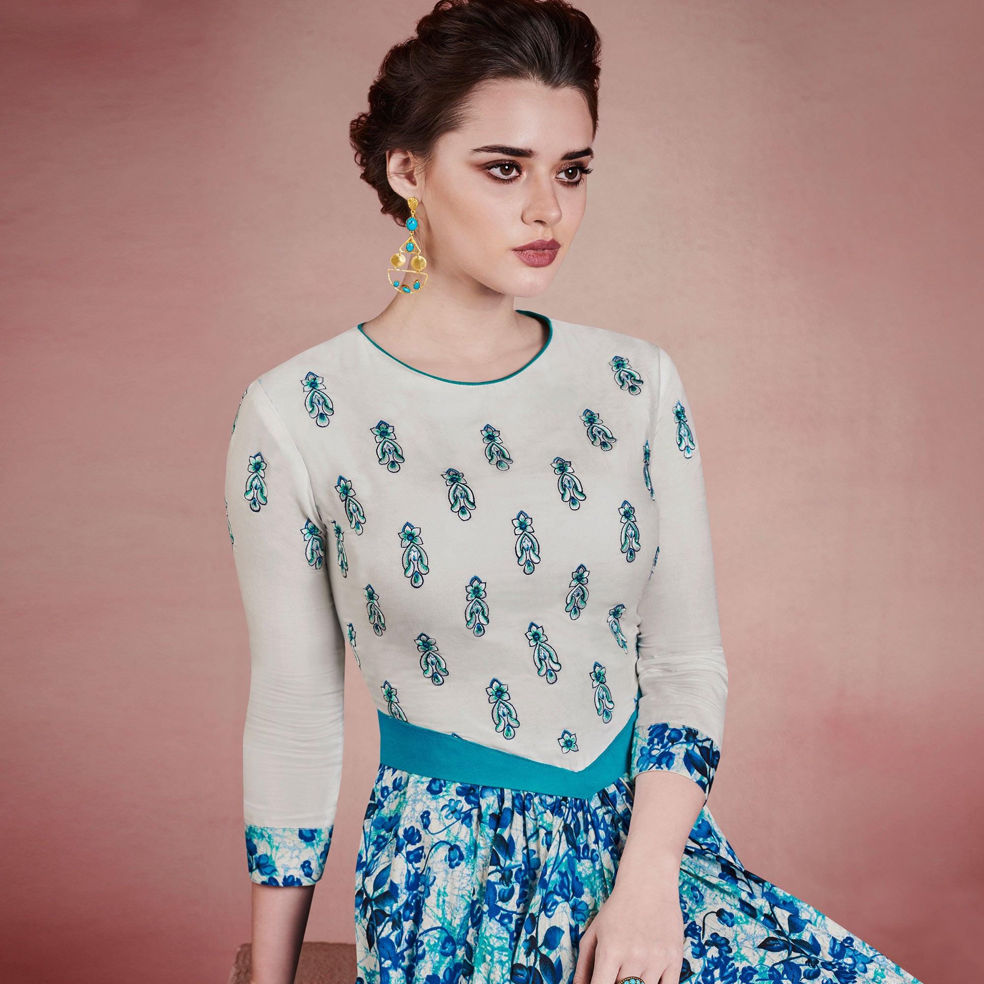Refreshing Cream-Blue Colored Designer Embroidered Party Wear Rayon Kurti - Peachmode