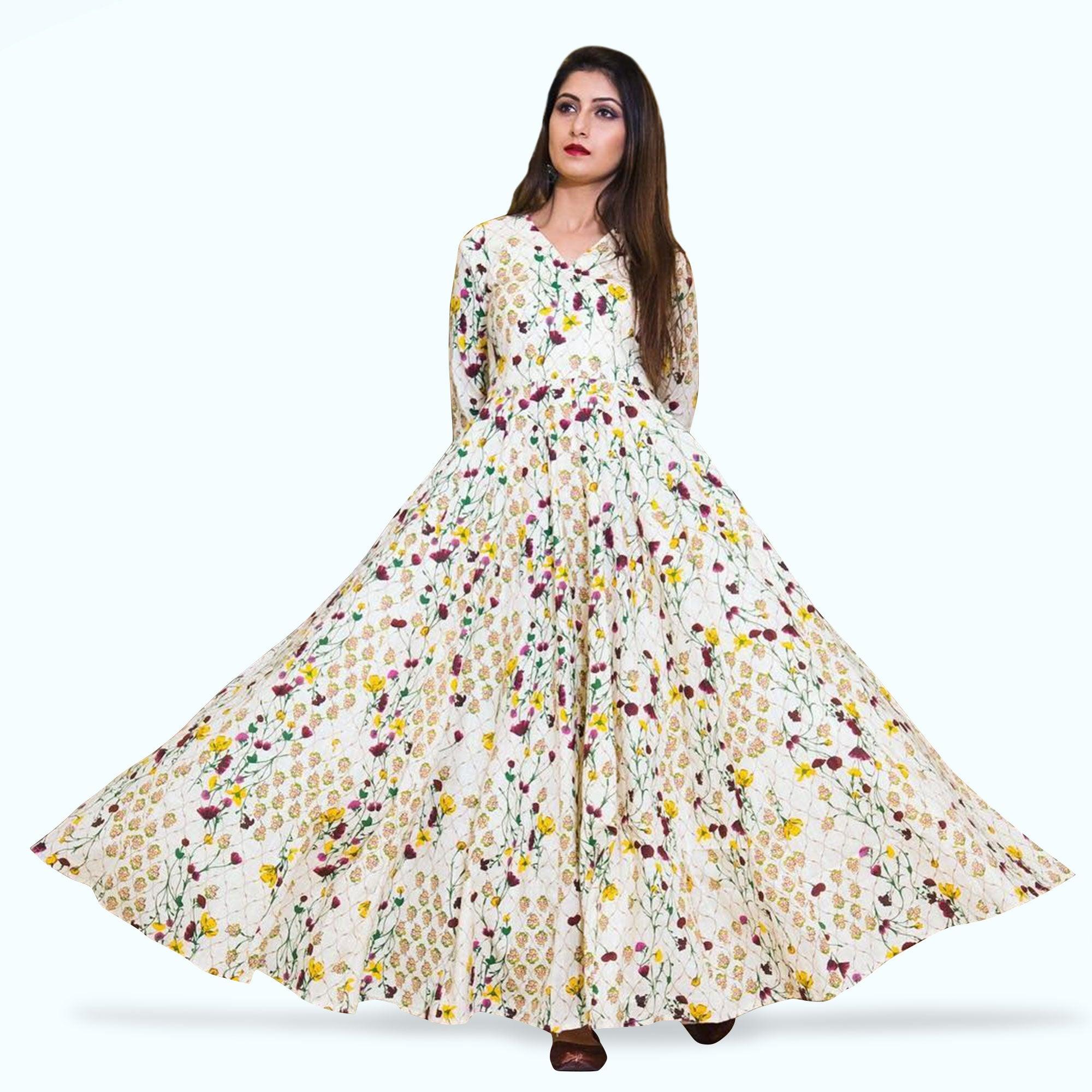 Refreshing Cream Colored Casual Printed Muslin Gown - Peachmode