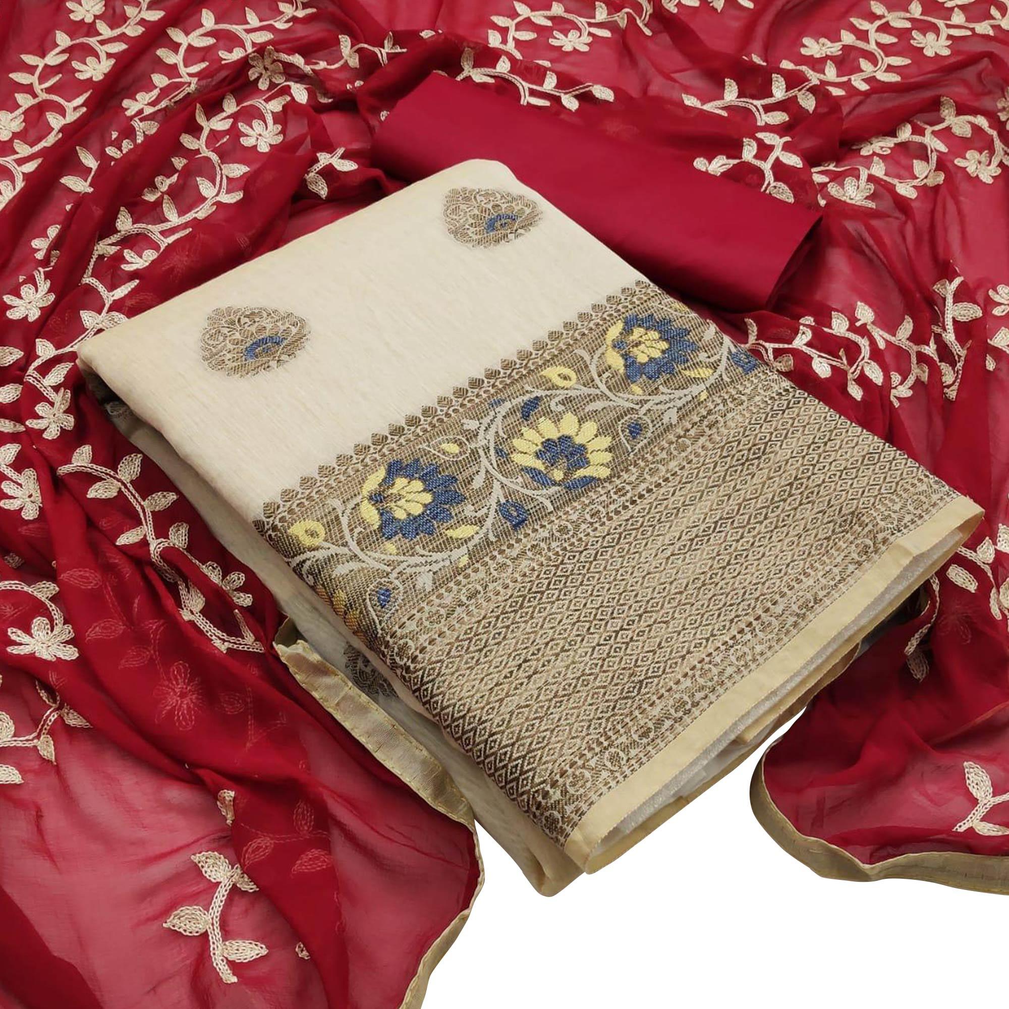 Refreshing Cream Colored Casual Wear Woven Banarasi Silk Dress Material - Peachmode
