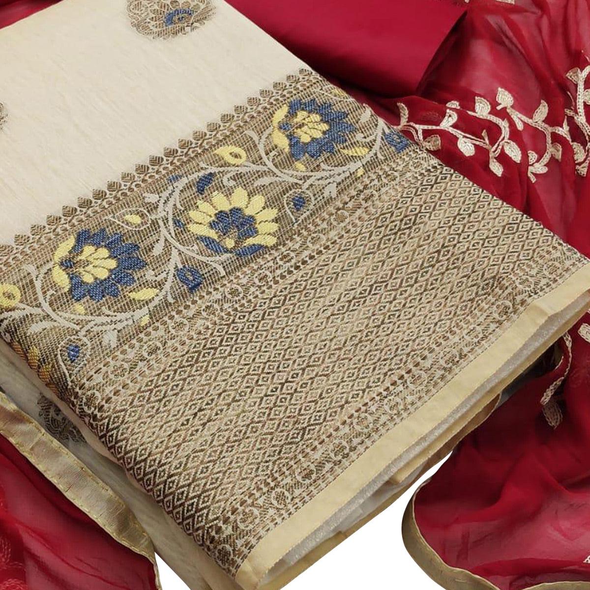 Refreshing Cream Colored Casual Wear Woven Banarasi Silk Dress Material - Peachmode