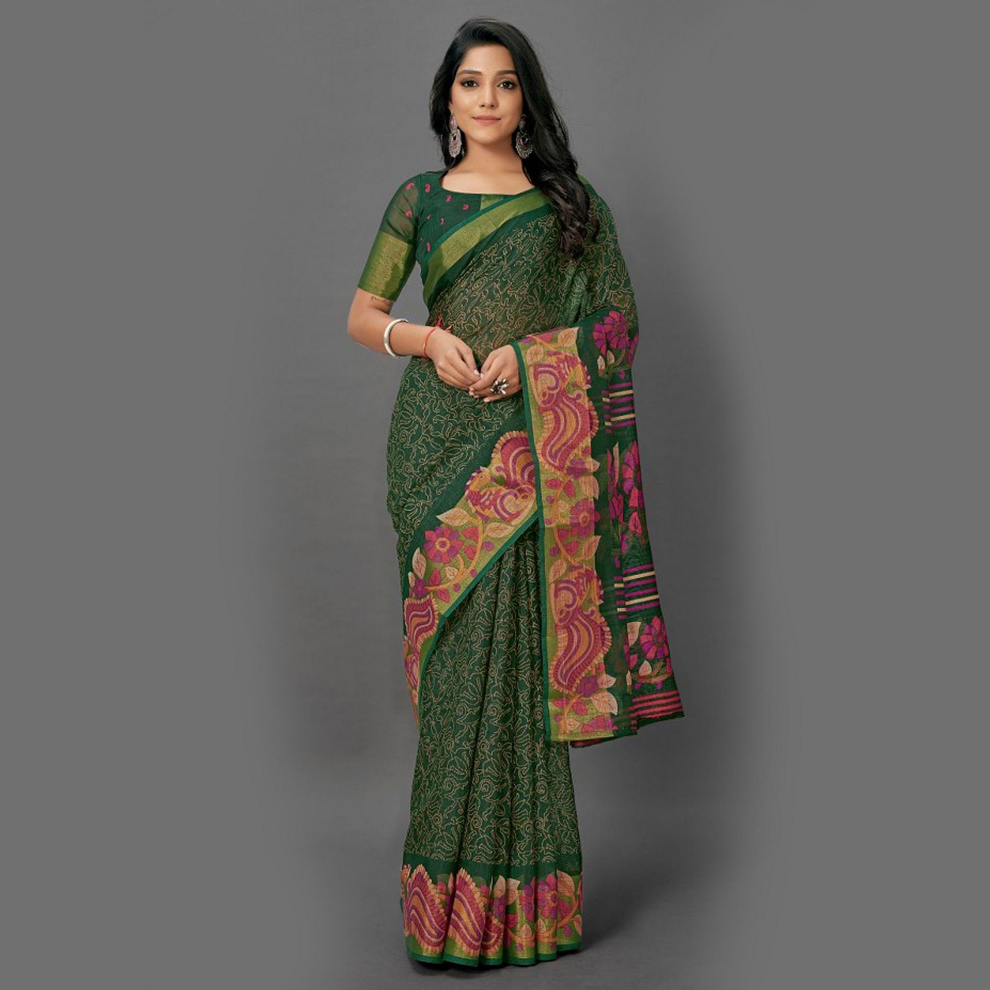 Refreshing Dark Green Colored Casual Wear Printed Cotton Saree - Peachmode