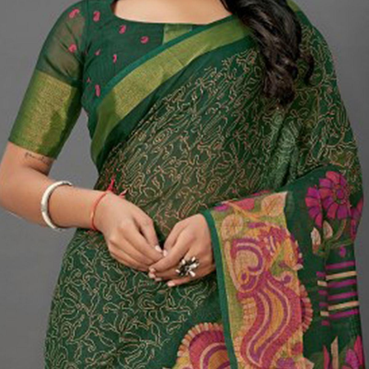 Refreshing Dark Green Colored Casual Wear Printed Cotton Saree - Peachmode