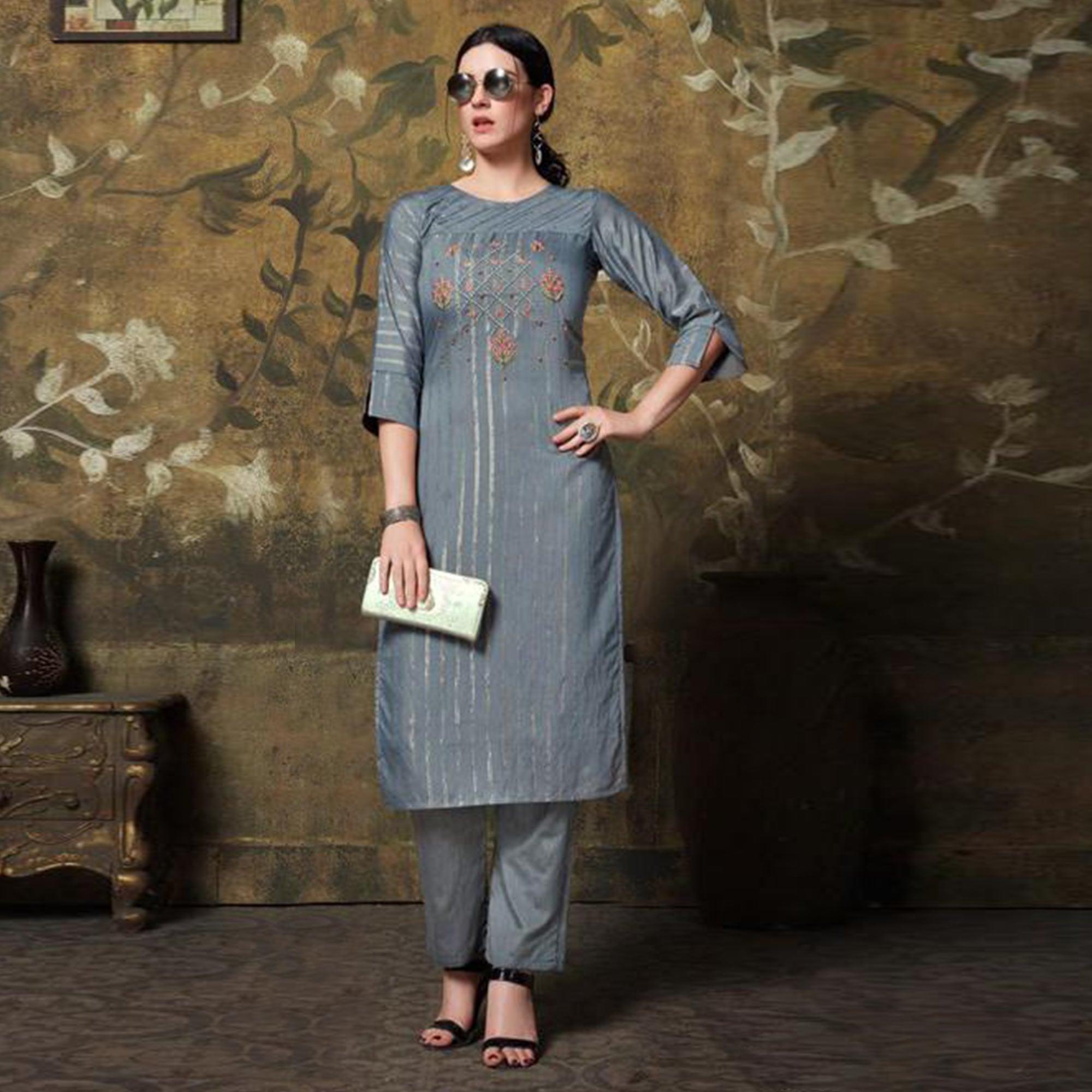 Refreshing Dark Grey Colored Casual Wear Embroidered Cotton Silk Kurti Palazzo Set - Peachmode