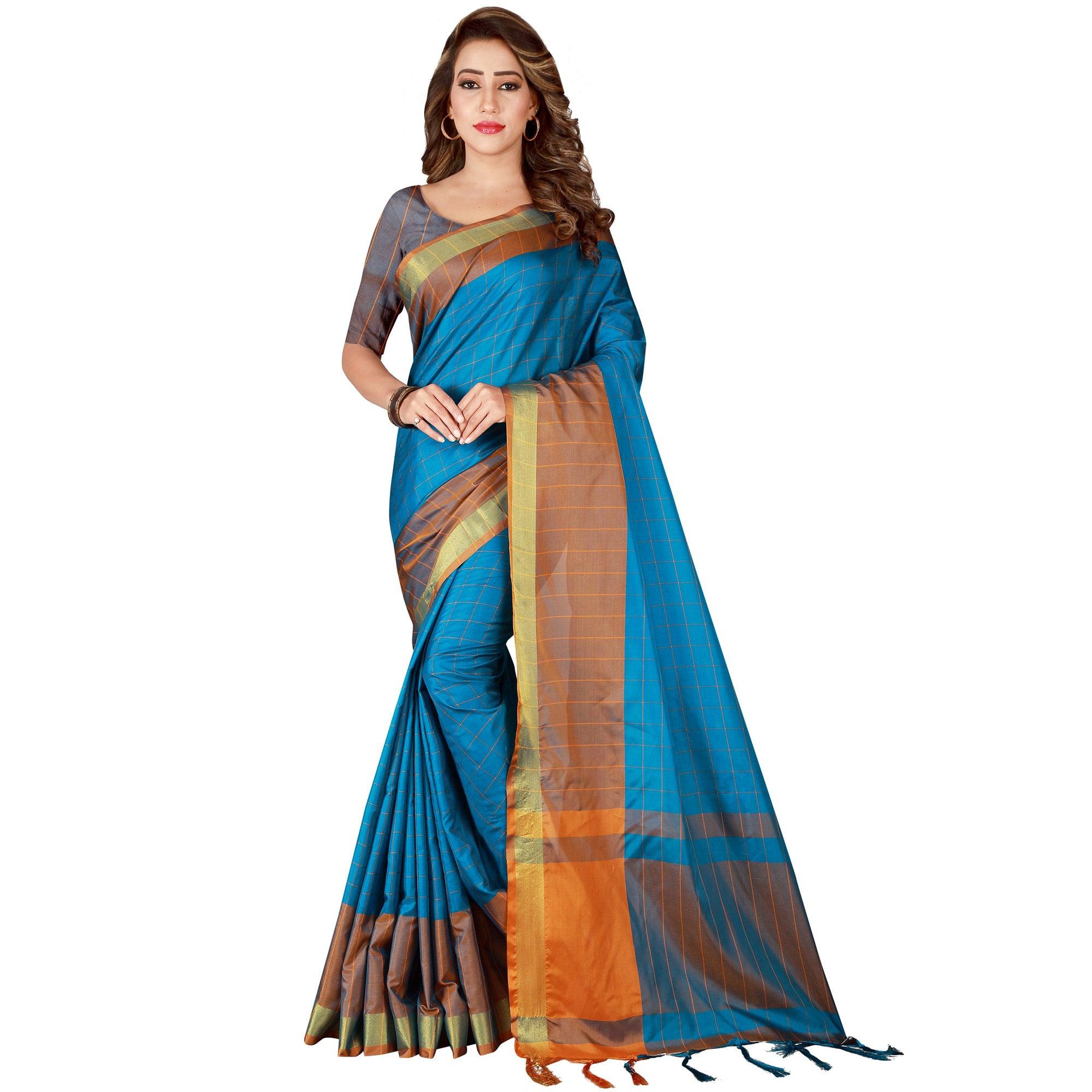 Refreshing Dark Sky Blue Colored Festive Wear Woven Tussar Silk Saree - Peachmode