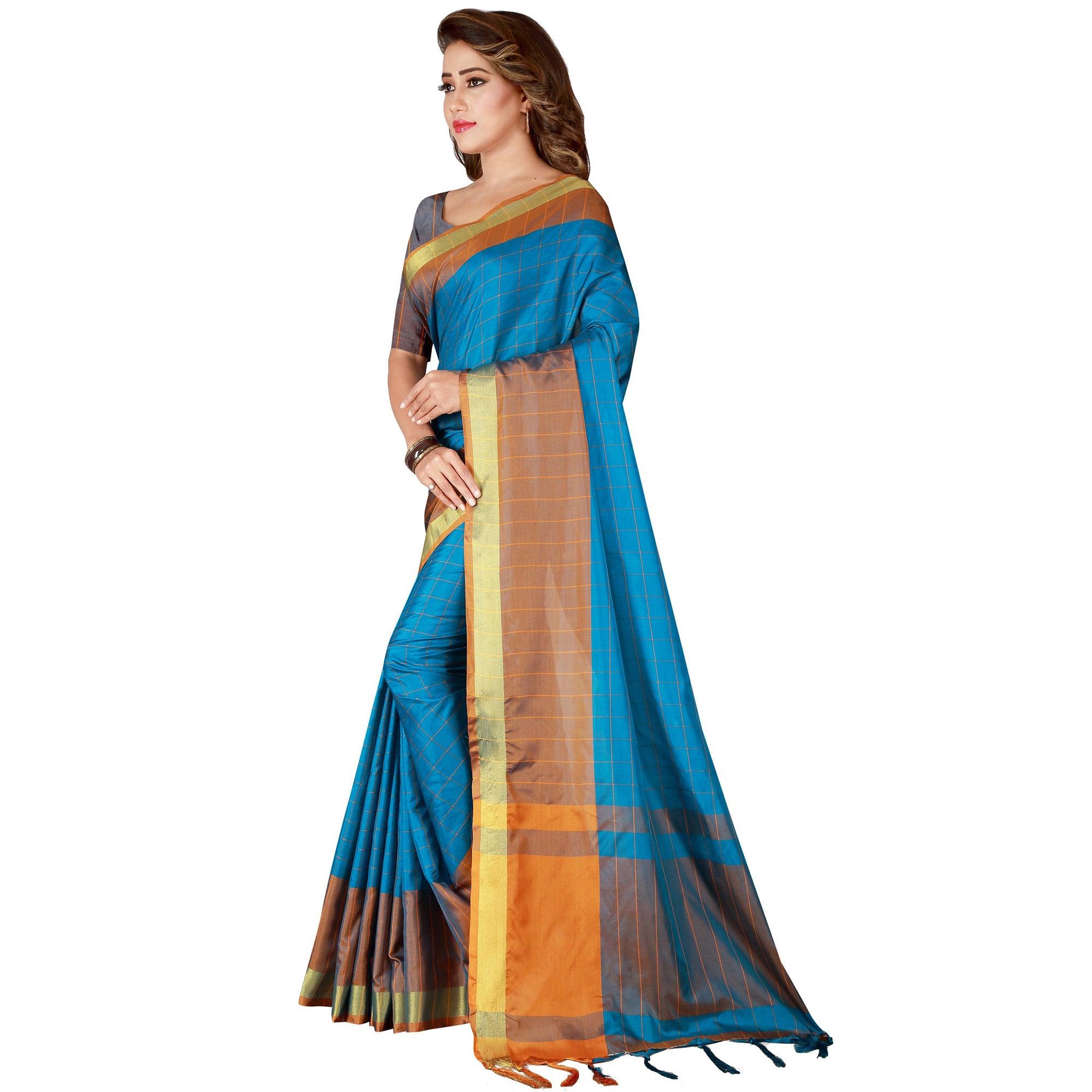 Refreshing Dark Sky Blue Colored Festive Wear Woven Tussar Silk Saree - Peachmode