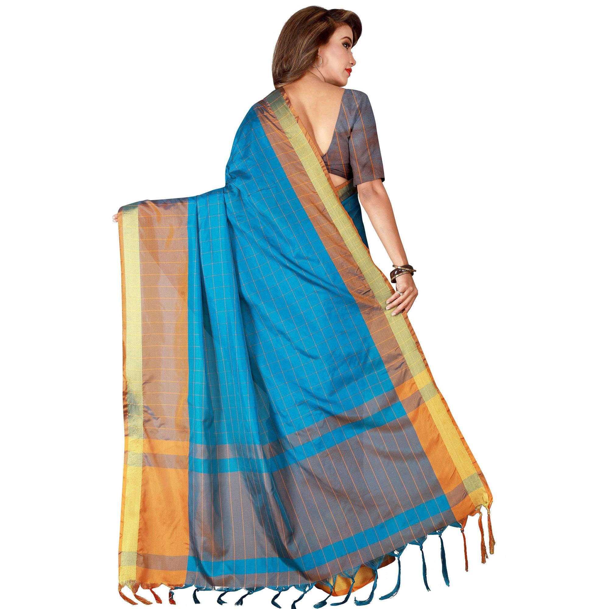 Refreshing Dark Sky Blue Colored Festive Wear Woven Tussar Silk Saree - Peachmode