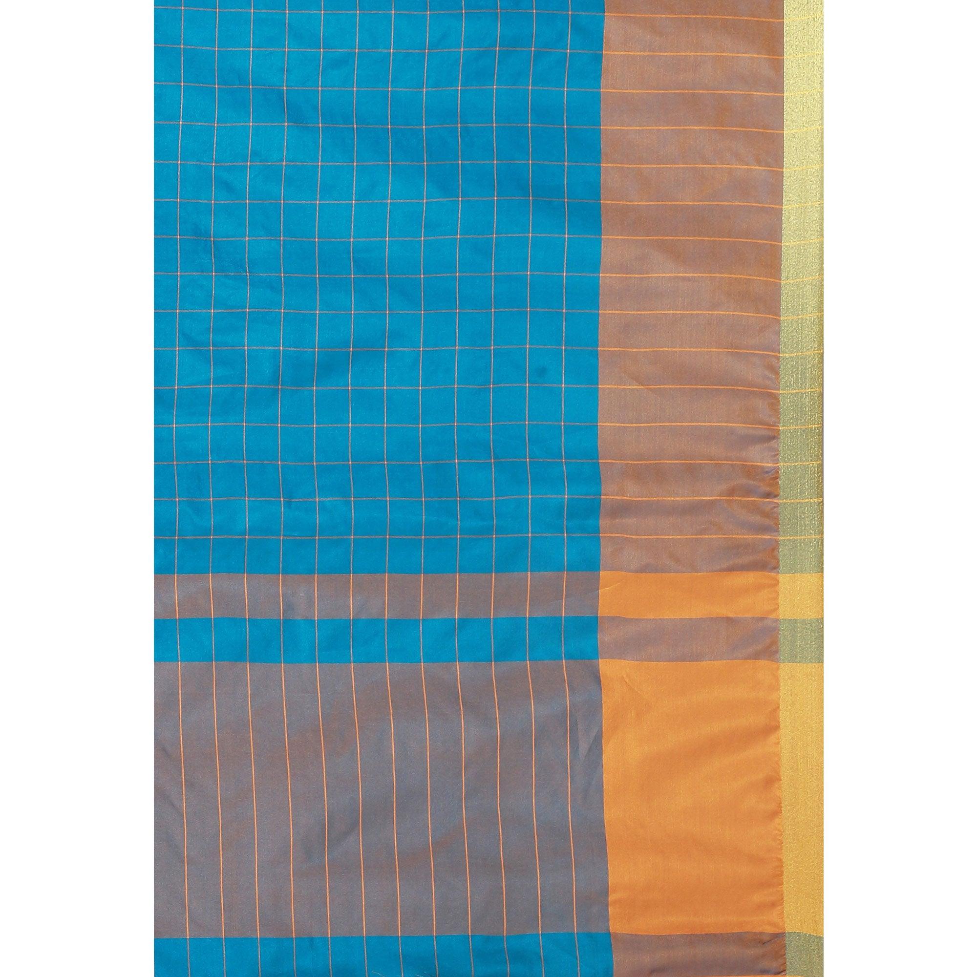 Refreshing Dark Sky Blue Colored Festive Wear Woven Tussar Silk Saree - Peachmode