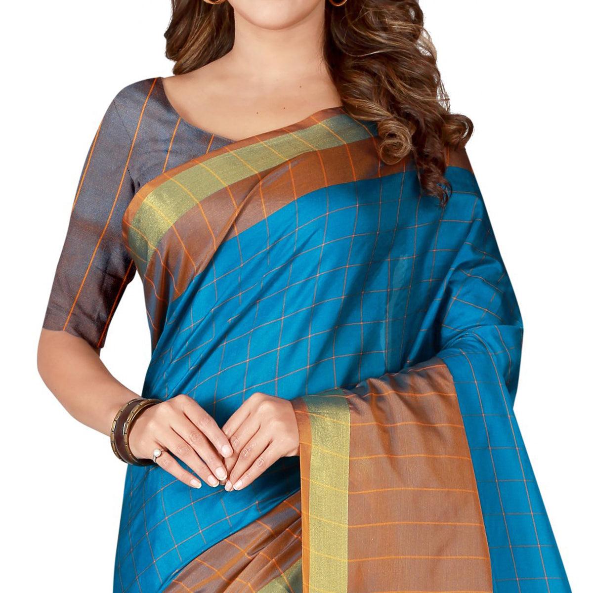 Refreshing Dark Sky Blue Colored Festive Wear Woven Tussar Silk Saree - Peachmode