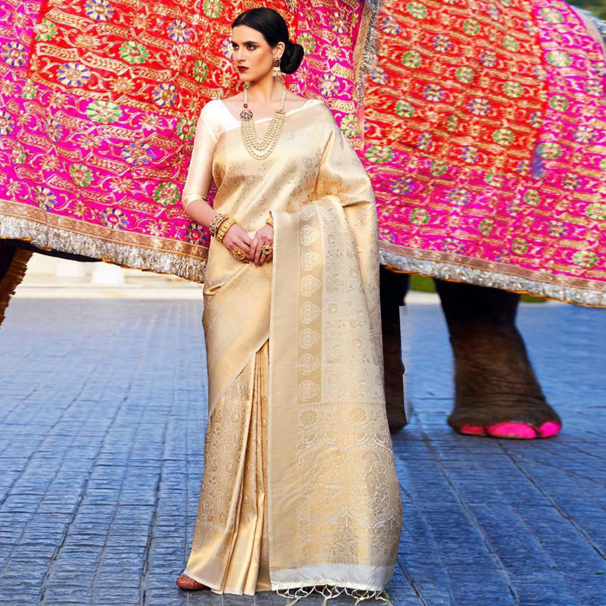 Refreshing Gold Coloured Festive Wear Woven Silk Saree - Peachmode