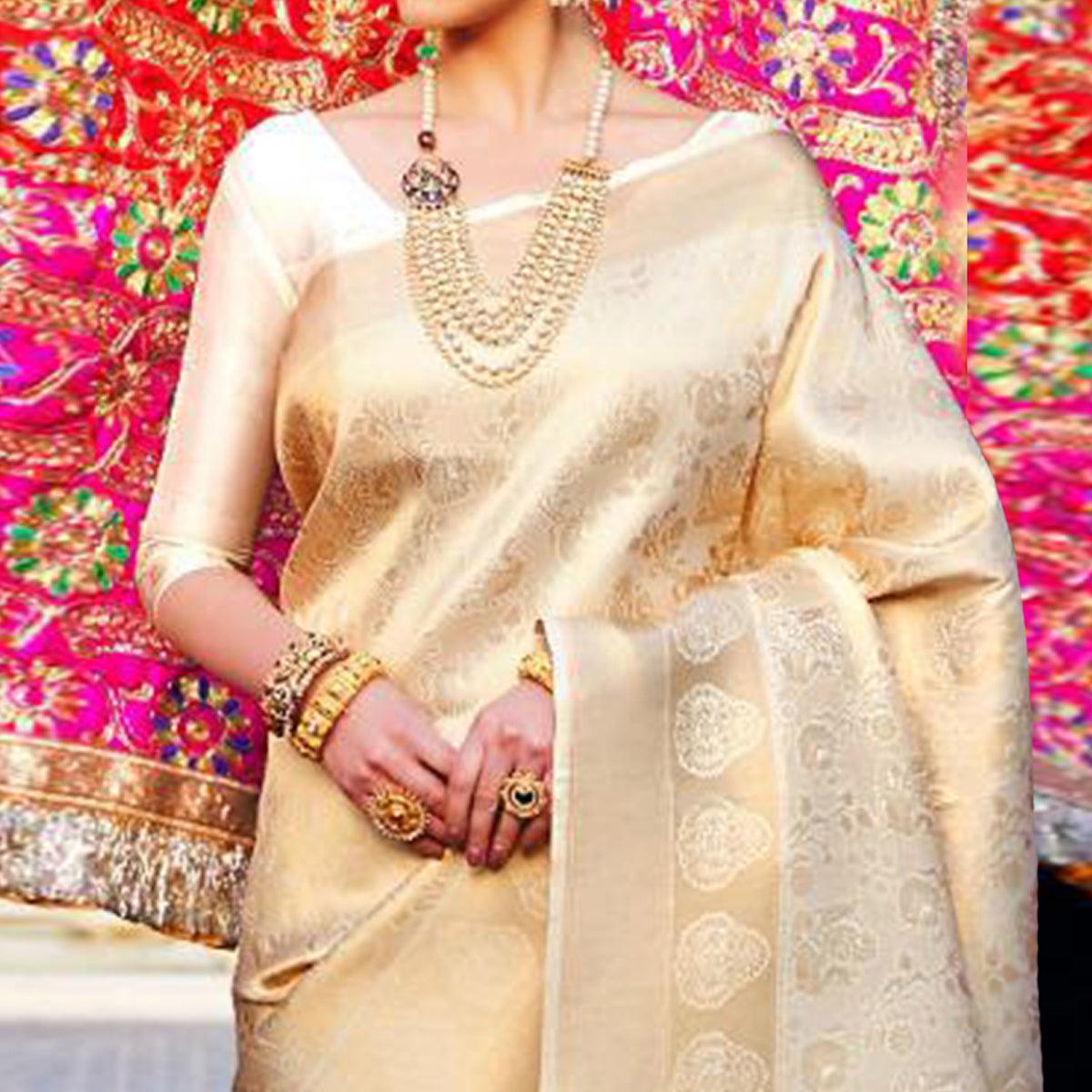 Refreshing Gold Coloured Festive Wear Woven Silk Saree - Peachmode