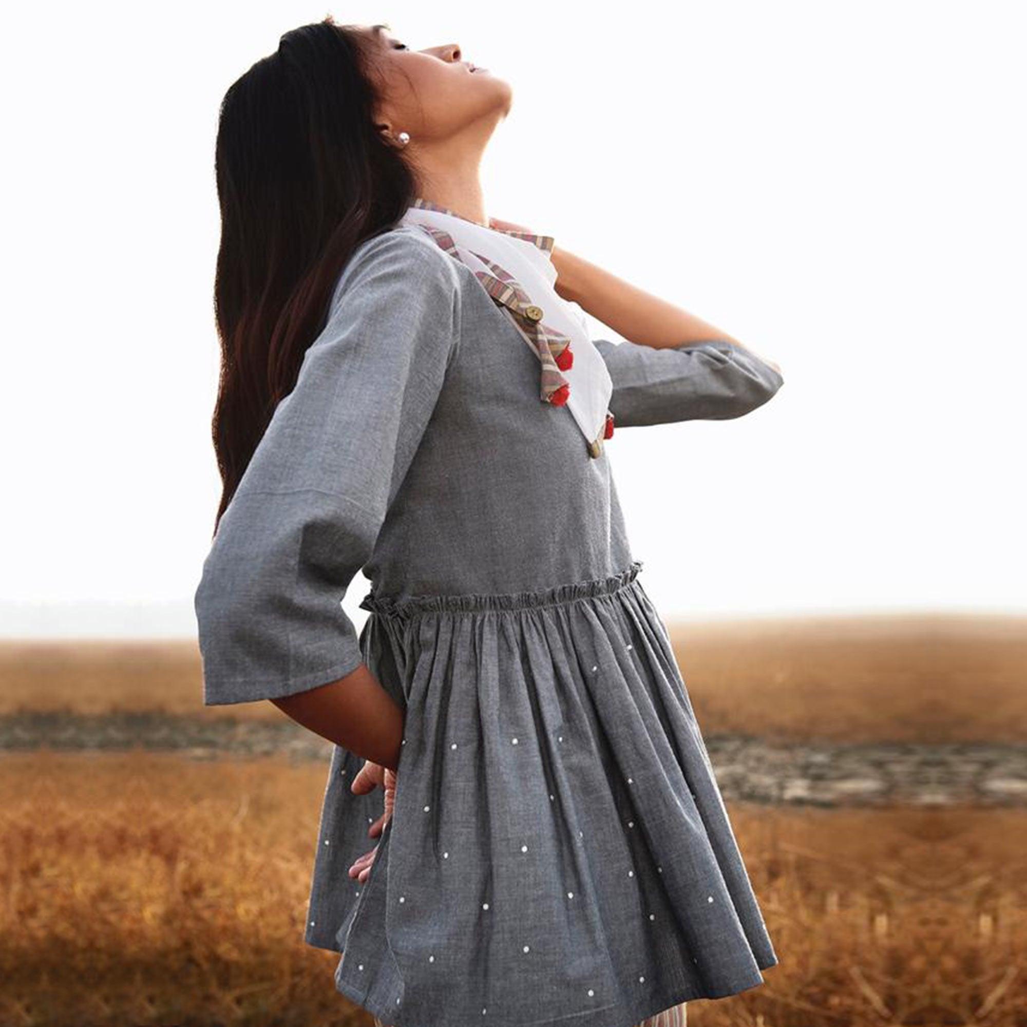 Refreshing Gray Colored Casual Printed Cotton Top-Bottom Set - Peachmode