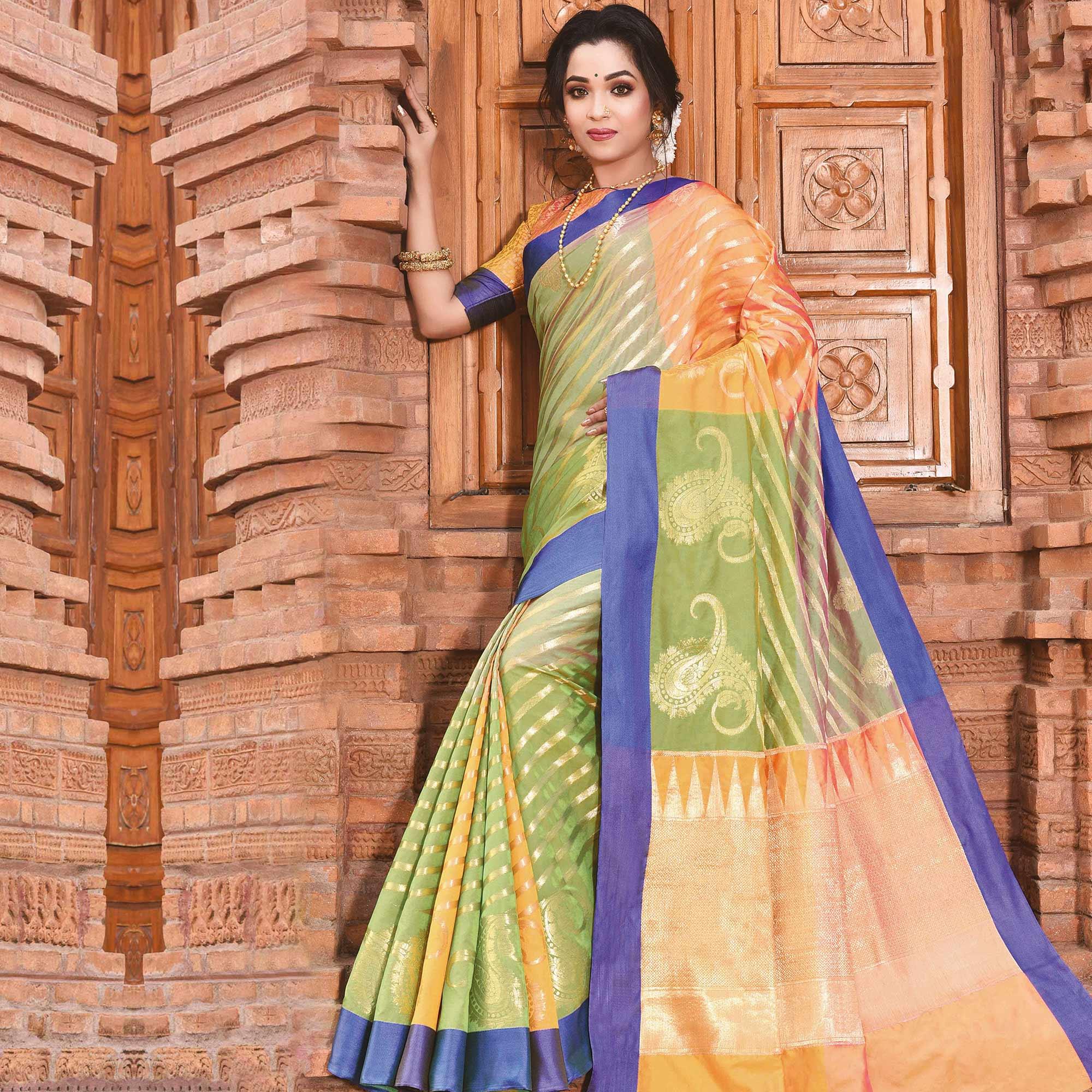 Refreshing Green Colored Festive Wear Woven Handloom Silk Saree - Peachmode
