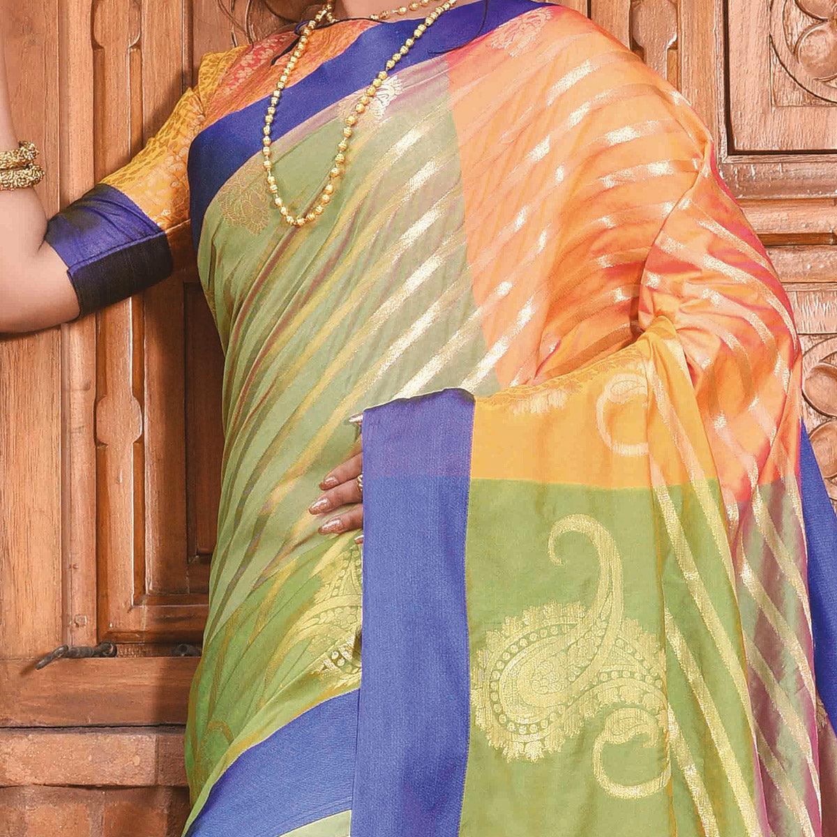 Refreshing Green Colored Festive Wear Woven Handloom Silk Saree - Peachmode
