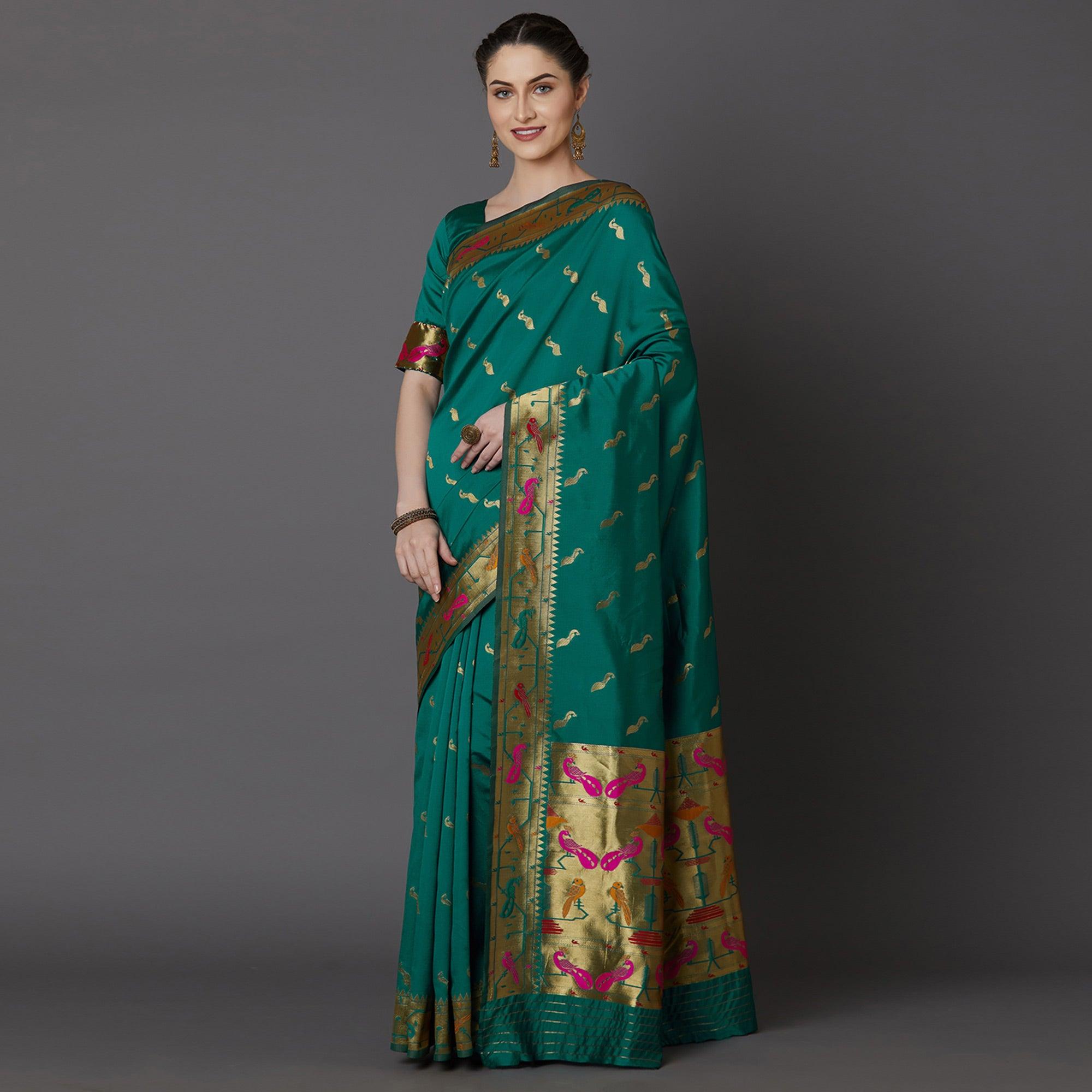 Refreshing Green Colored Festive Wear Woven Silk Blend Saree - Peachmode