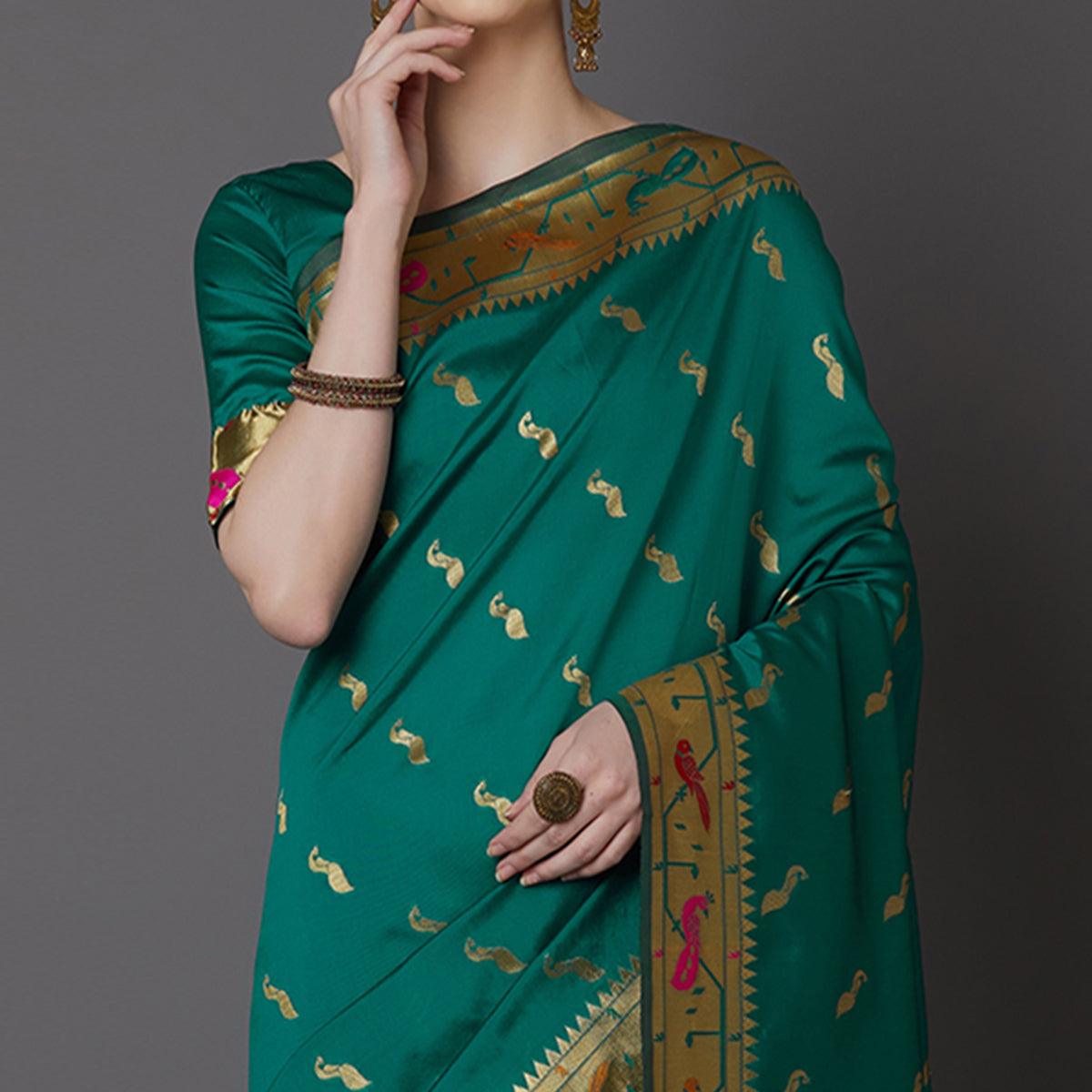 Refreshing Green Colored Festive Wear Woven Silk Blend Saree - Peachmode