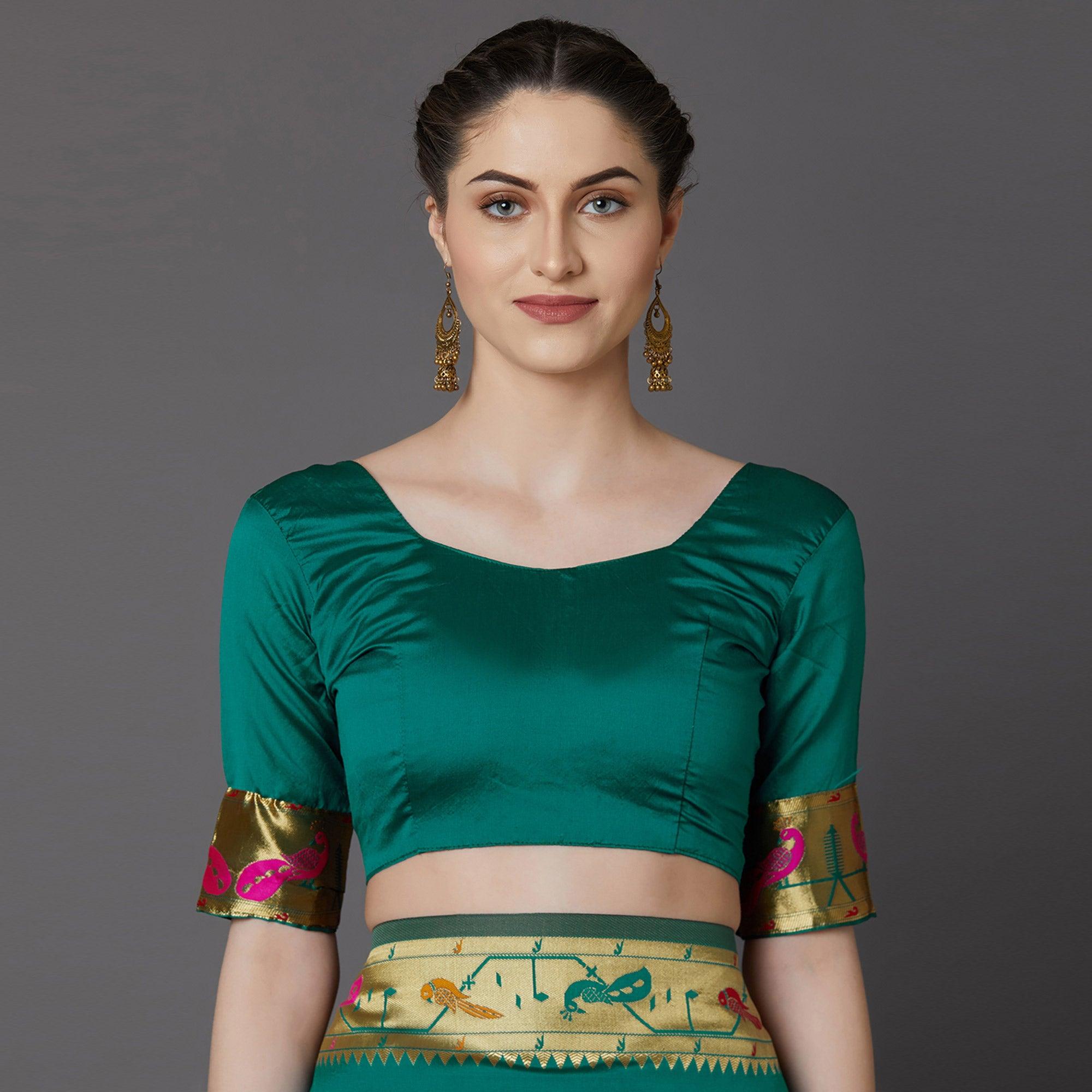 Refreshing Green Colored Festive Wear Woven Silk Blend Saree - Peachmode