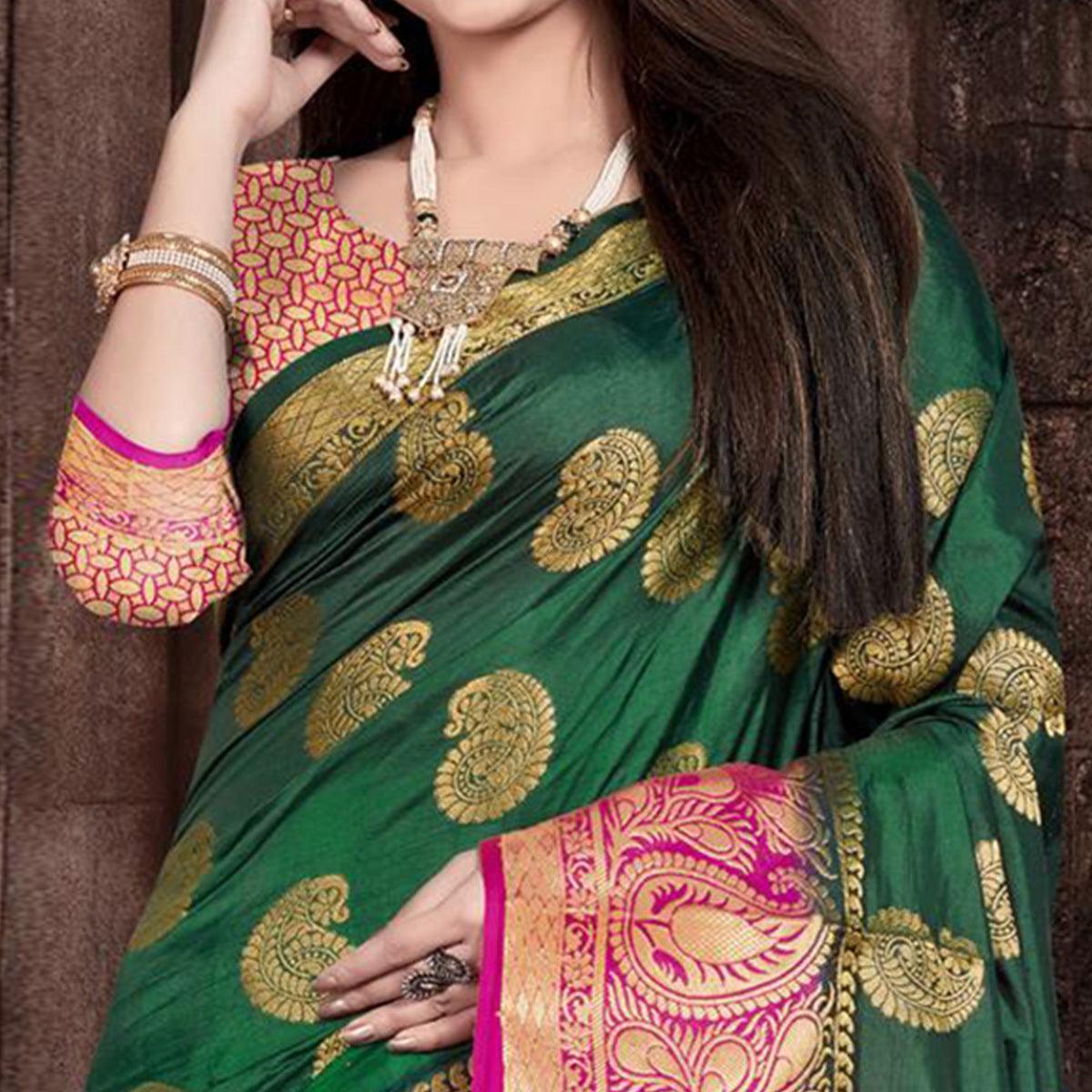 Refreshing Green Colored Festive Wear Woven Silk Saree - Peachmode