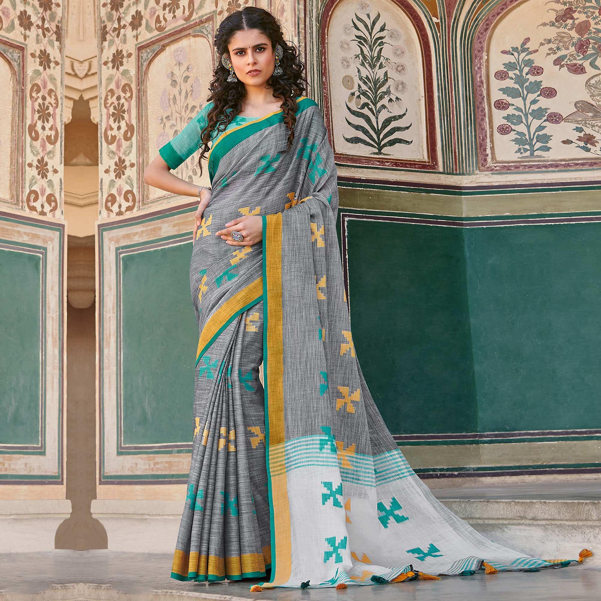 Refreshing Grey Colored Casual Printed Linen Cotton Saree With Tassels - Peachmode