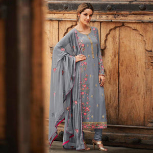 Refreshing Grey Colored Partywear Embroidered Faux georgette Salwar Suit - Peachmode