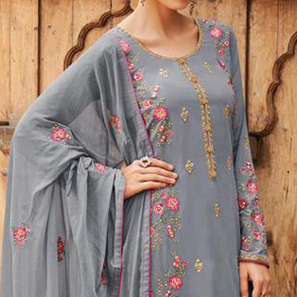 Refreshing Grey Colored Partywear Embroidered Faux georgette Salwar Suit - Peachmode