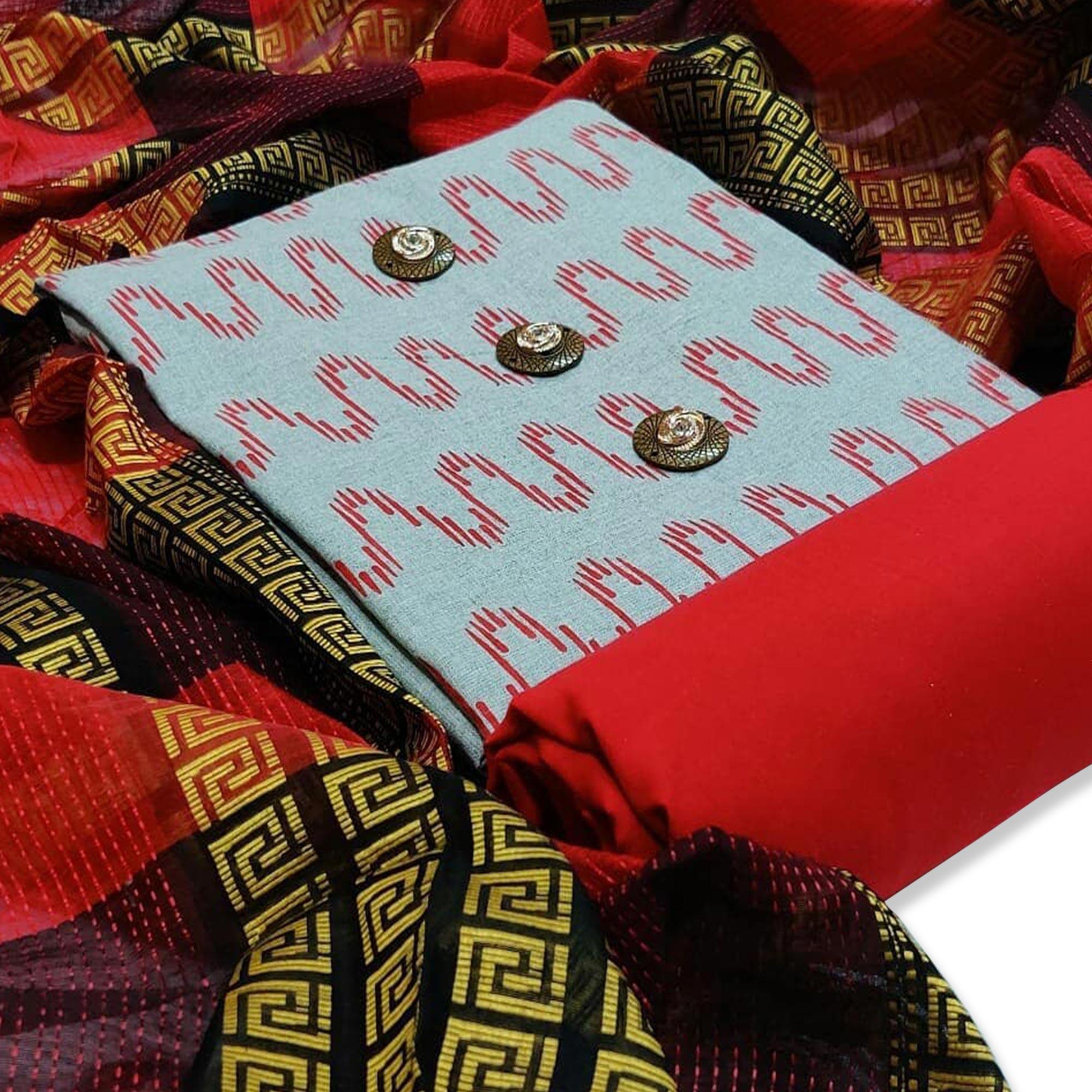 Refreshing Grey - Red Colored Casual Wear Printed Cotton Dress Material - Peachmode